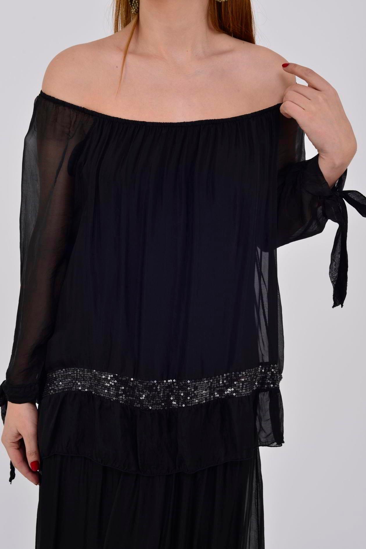 3845 MADONNA YAKA PAYET DETAY İPEK ELBİSE