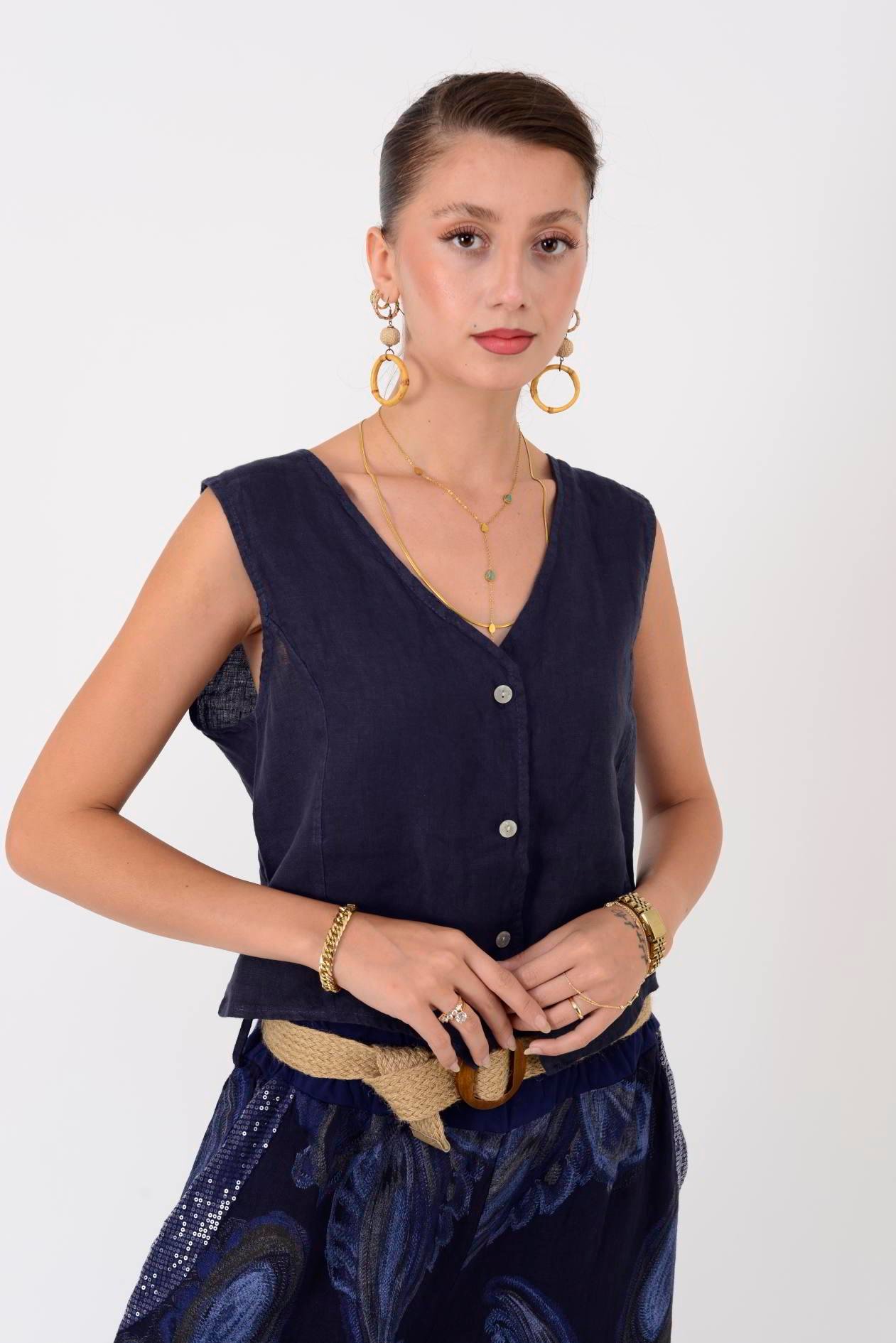 4523 V YAKA KOLSUZ KETEN YELEK BLUZ