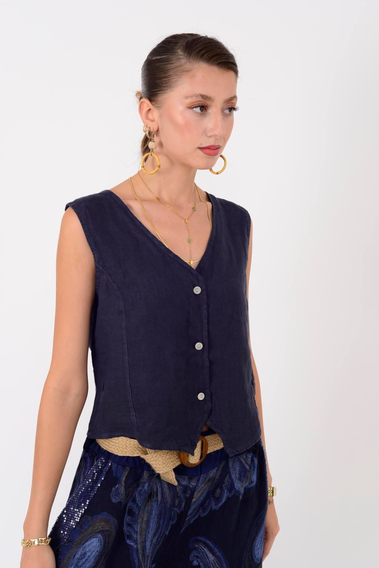 4523 V YAKA KOLSUZ KETEN YELEK BLUZ