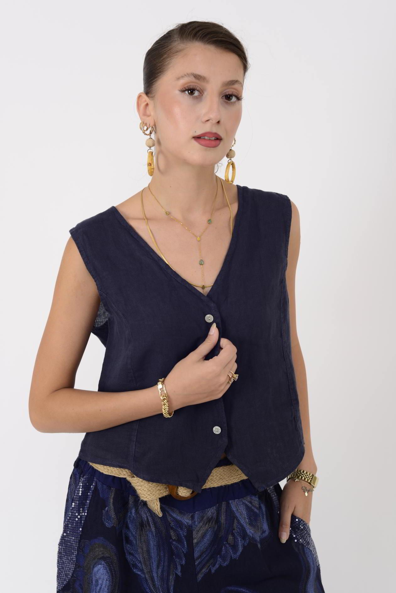 4523 V YAKA KOLSUZ KETEN YELEK BLUZ