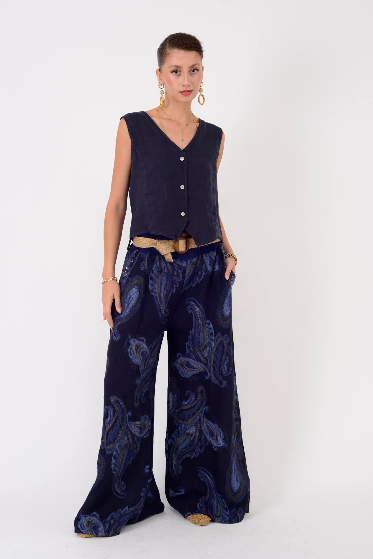 4523 V YAKA KOLSUZ KETEN YELEK BLUZ