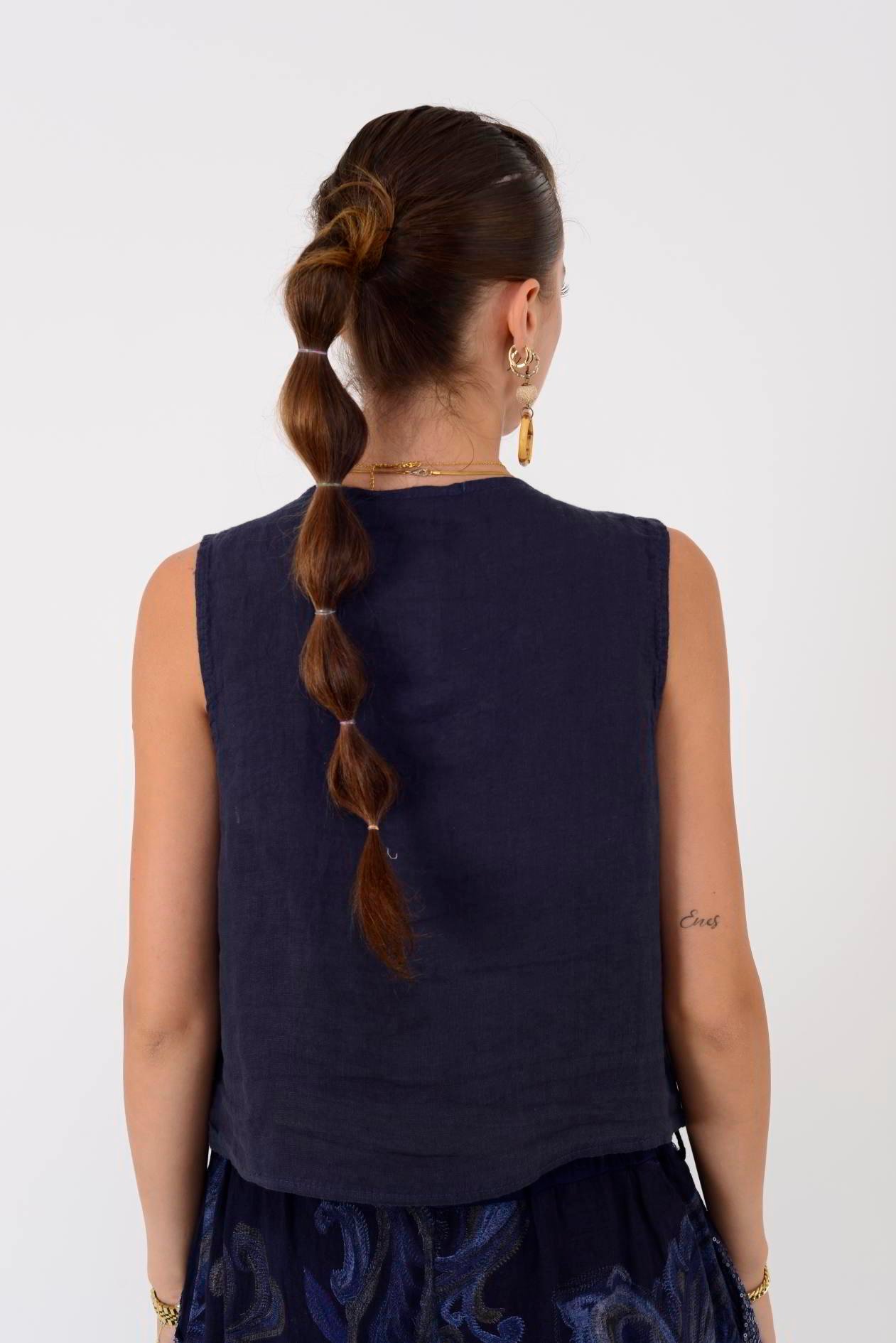 4523 V YAKA KOLSUZ KETEN YELEK BLUZ