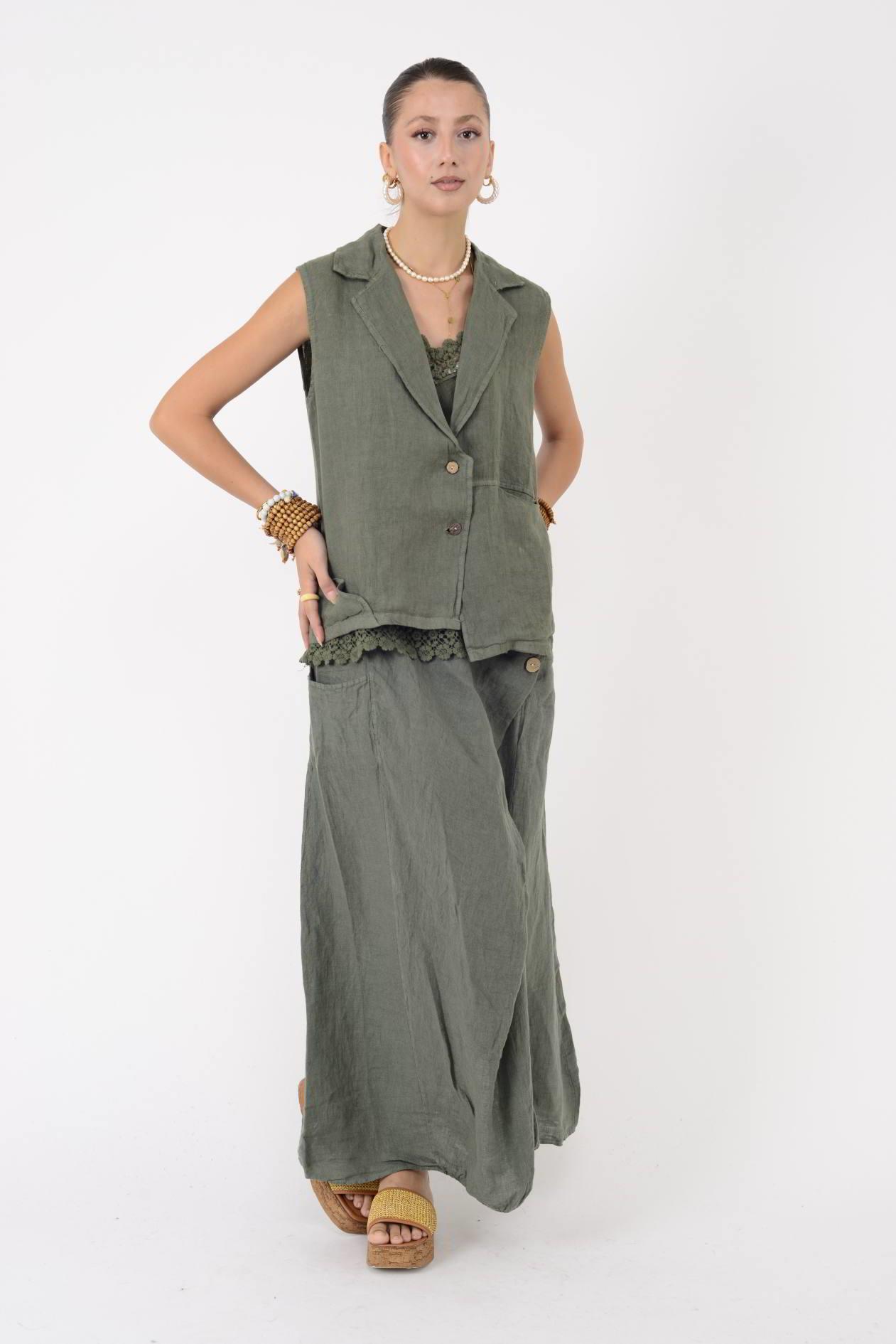 5157 ASİMETRİK KESİM DÜĞME DETAYLI KETEN YELEK BLUZ