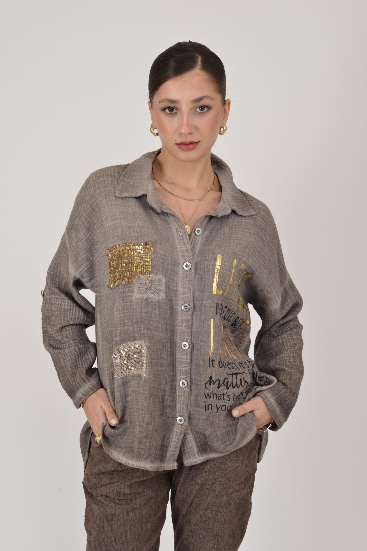 55791 YALDIZLI YAZI DESENLİ PAYETLİ MUSLİN GÖMLEK
