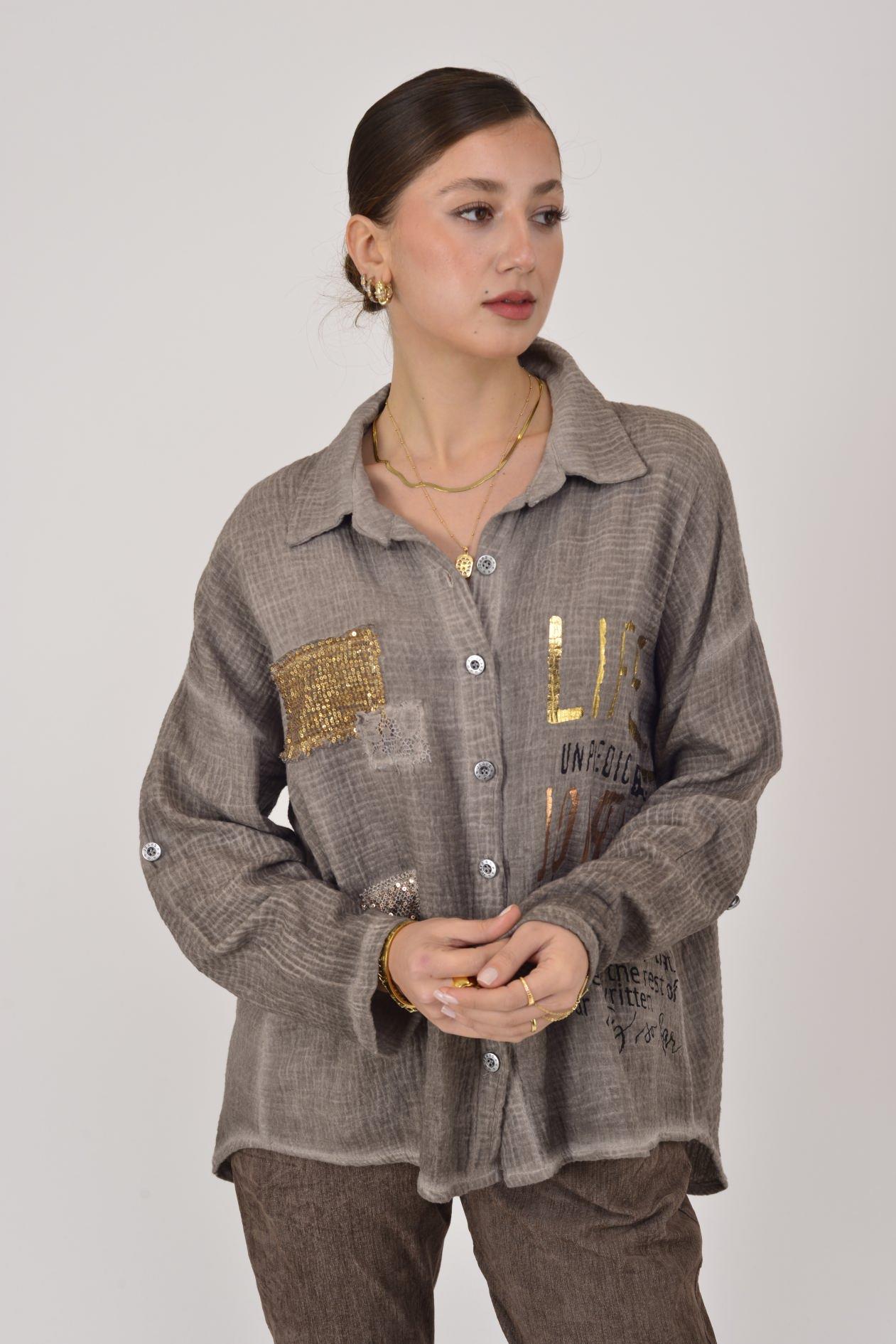 55791 YALDIZLI YAZI DESENLİ PAYETLİ MUSLİN GÖMLEK