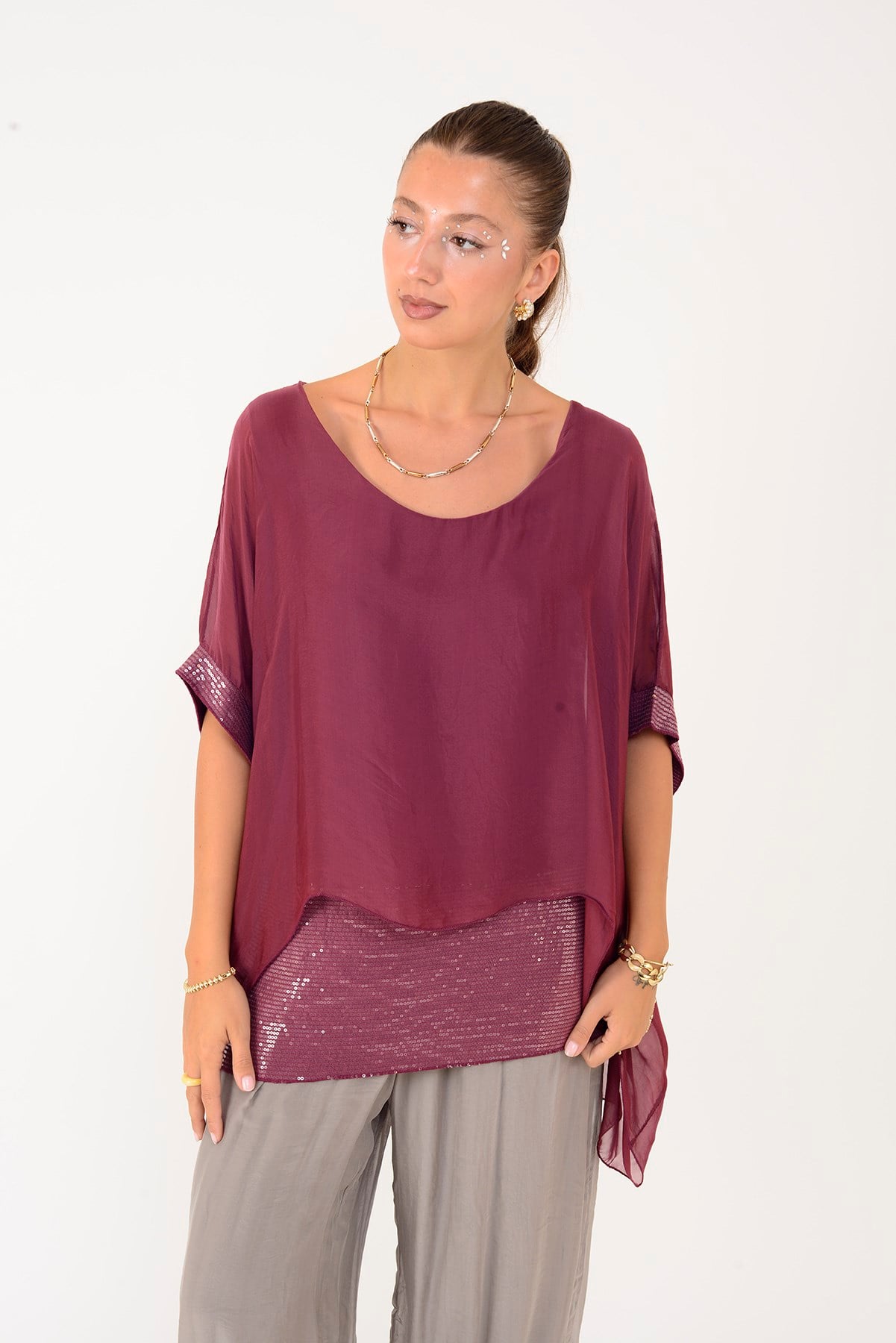 5835 PAYET DETAYLI İPEK BLUZ