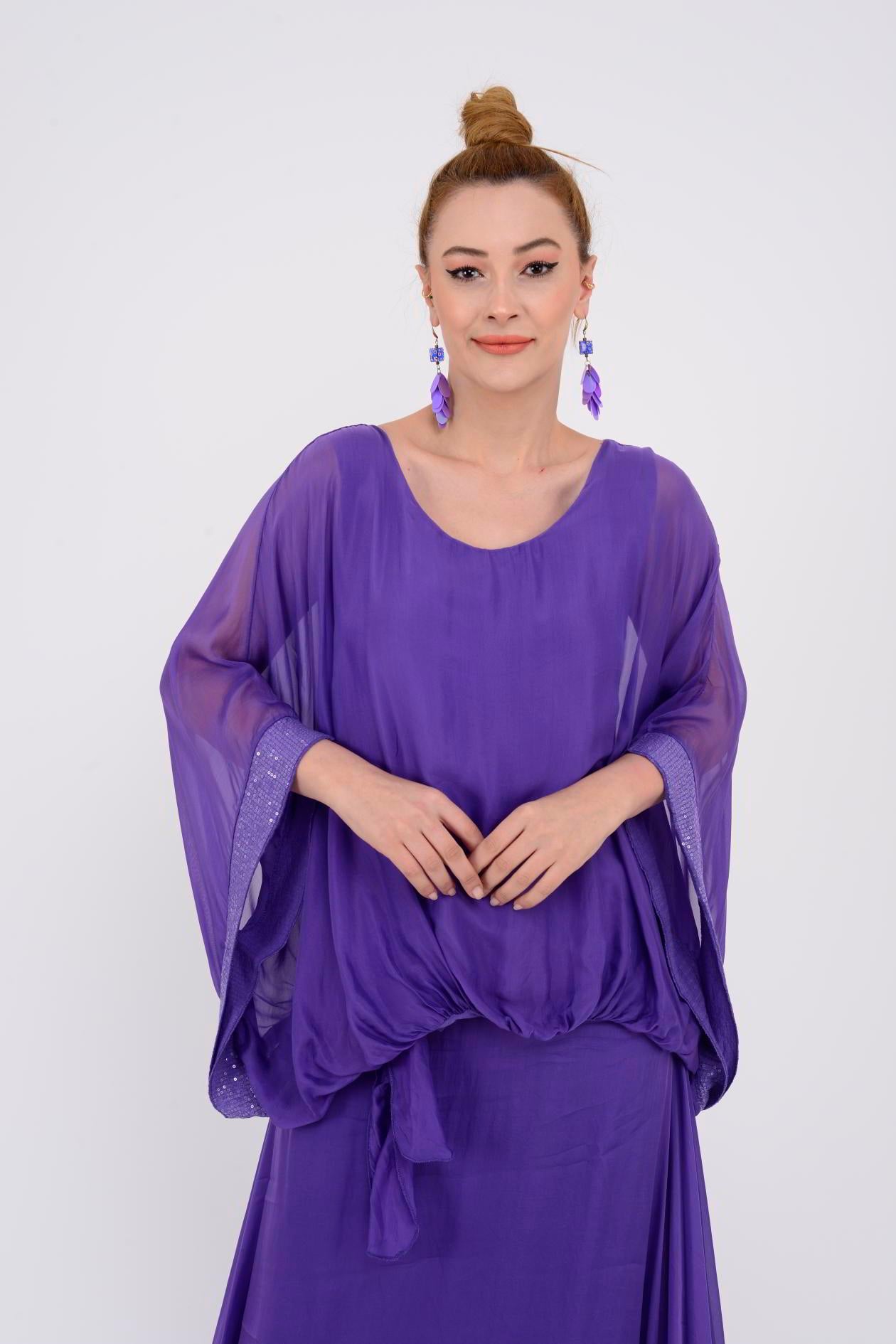 6098 YARASA KOL PAYET DETAYLI İPEK BLUZ