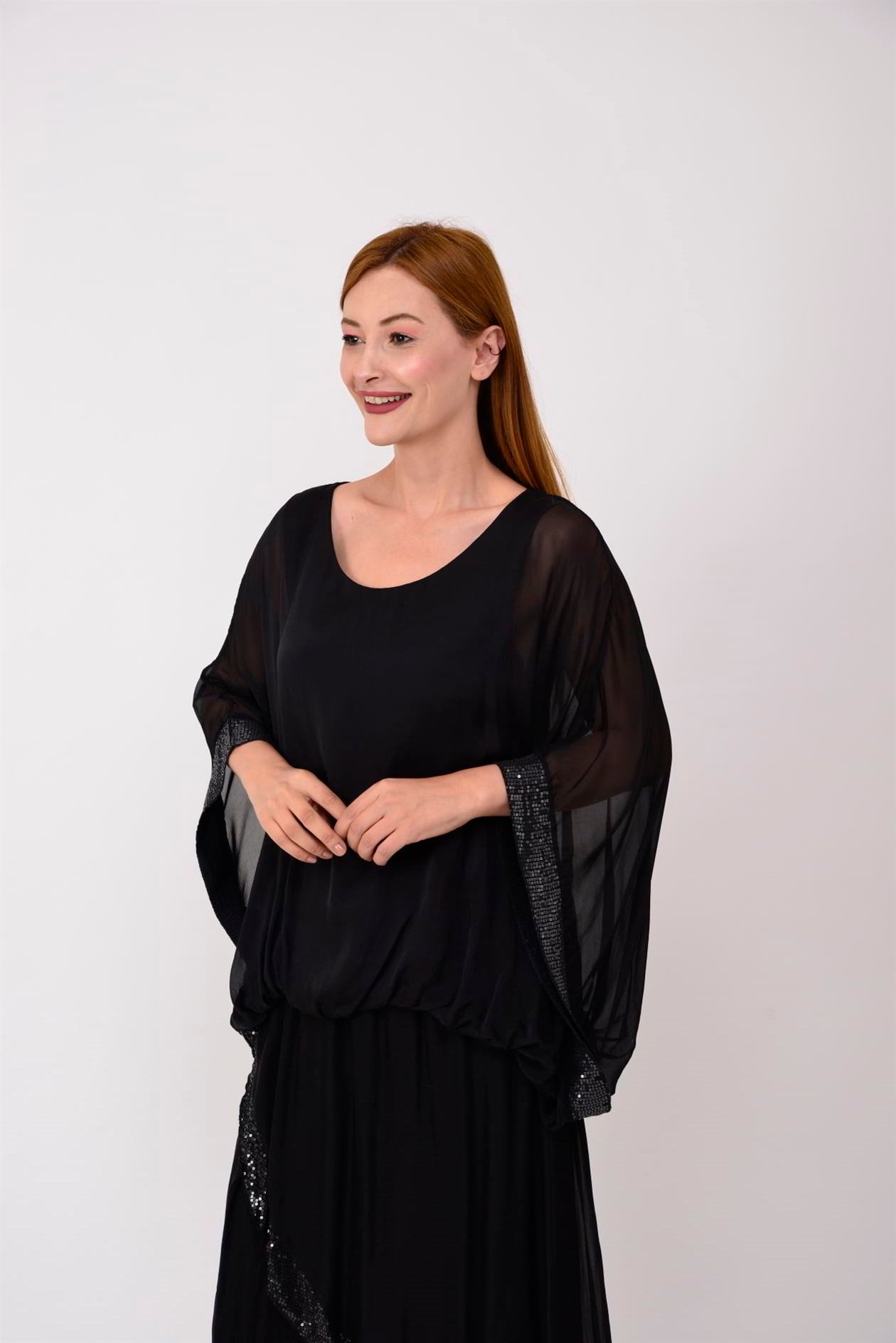 6098 YARASA KOL PAYET DETAYLI İPEK BLUZ