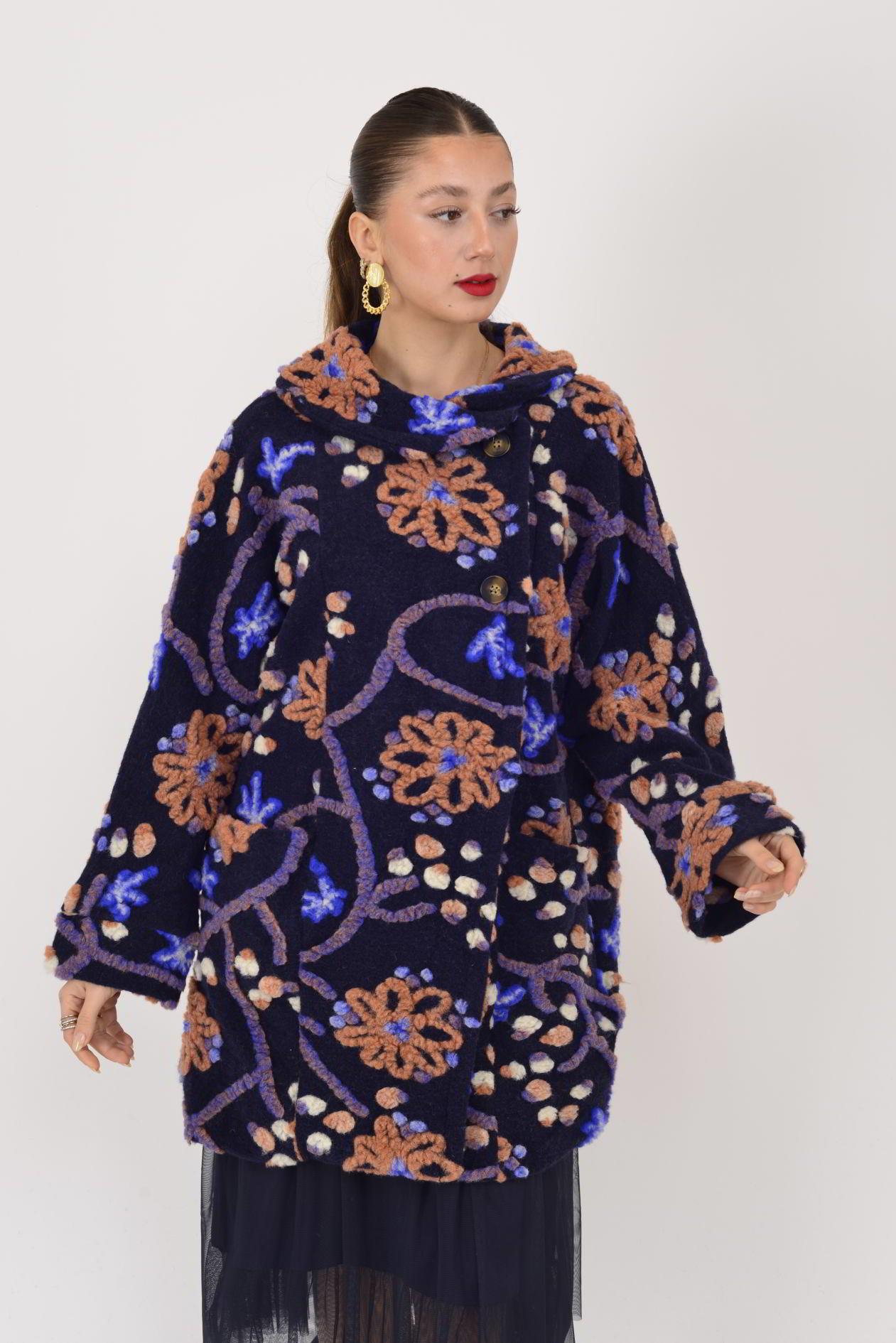 60986 ÇİÇEK KABARTMALI ŞAL YAKA KEÇE KABAN