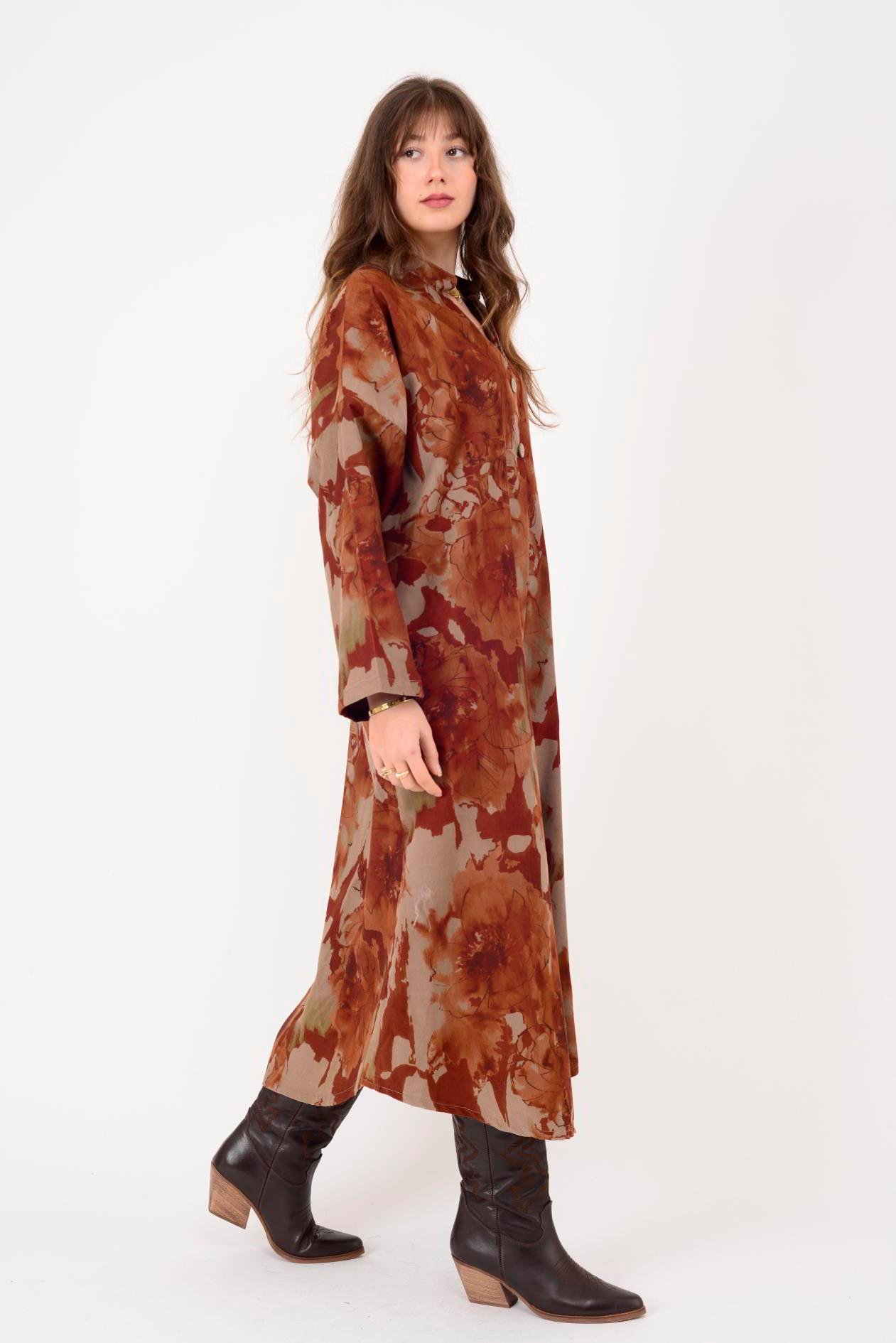 61051 LOVA BATİK ÇİÇEK DESENLİ FİTİLLİ KADİFE ELBİSE