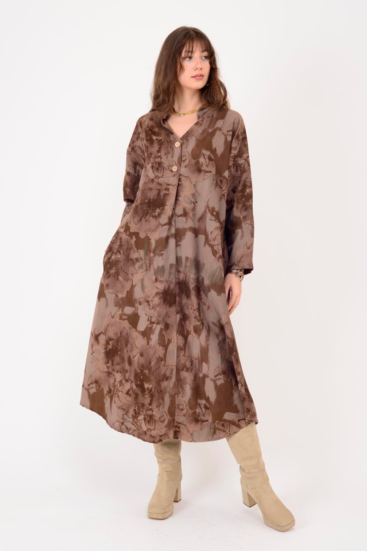 61051 LOVA BATİK ÇİÇEK DESENLİ FİTİLLİ KADİFE ELBİSE