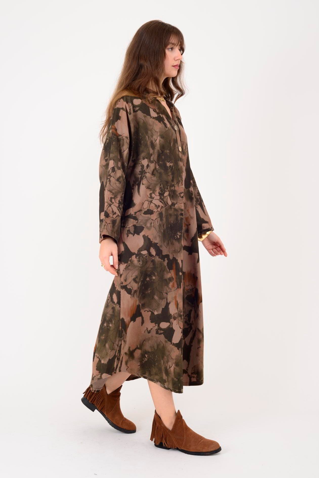 61051 LOVA BATİK ÇİÇEK DESENLİ FİTİLLİ KADİFE ELBİSE