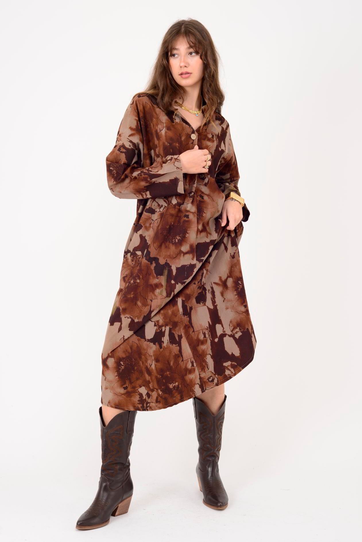 61051 LOVA BATİK ÇİÇEK DESENLİ FİTİLLİ KADİFE ELBİSE