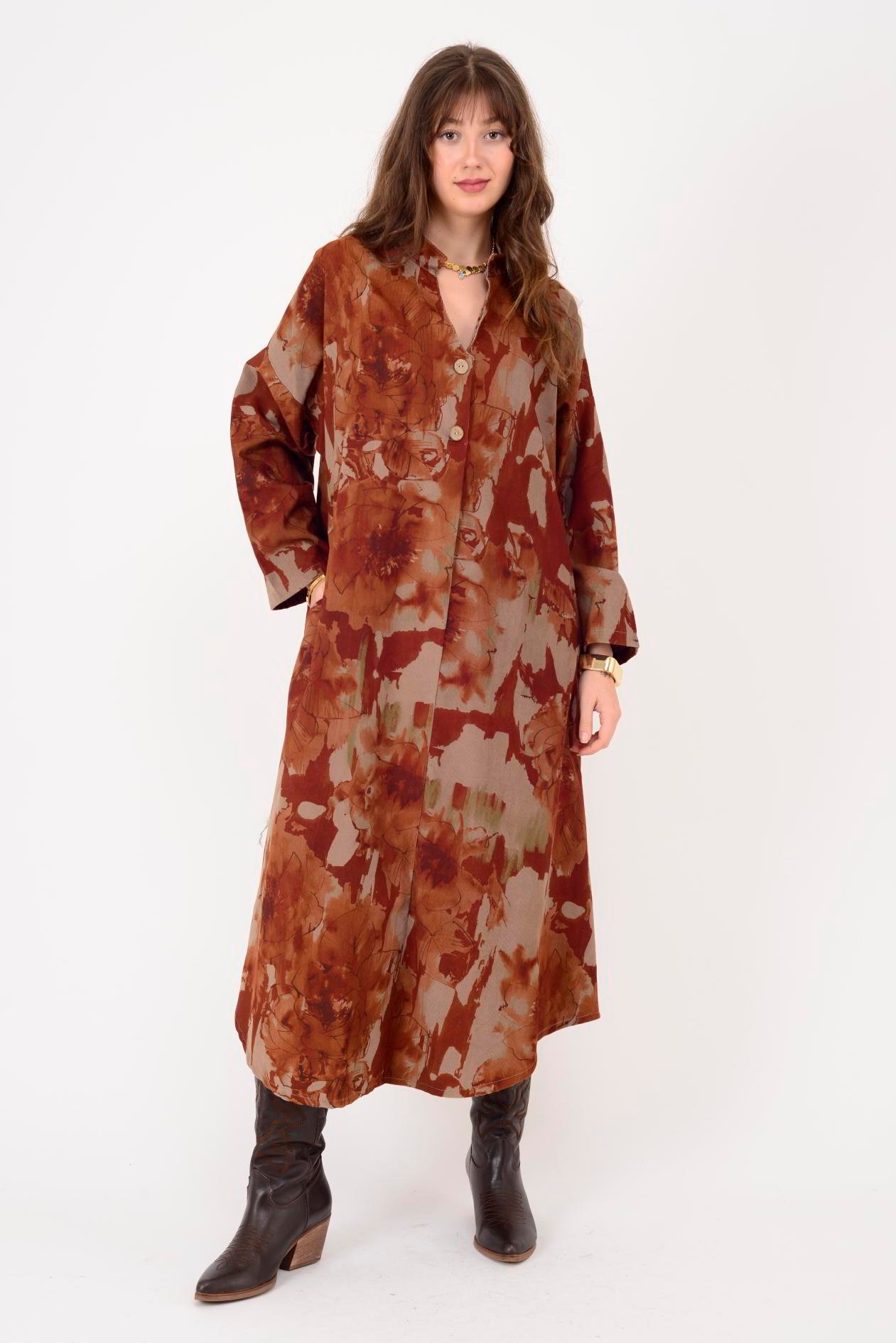 61051 LOVA BATİK ÇİÇEK DESENLİ FİTİLLİ KADİFE ELBİSE