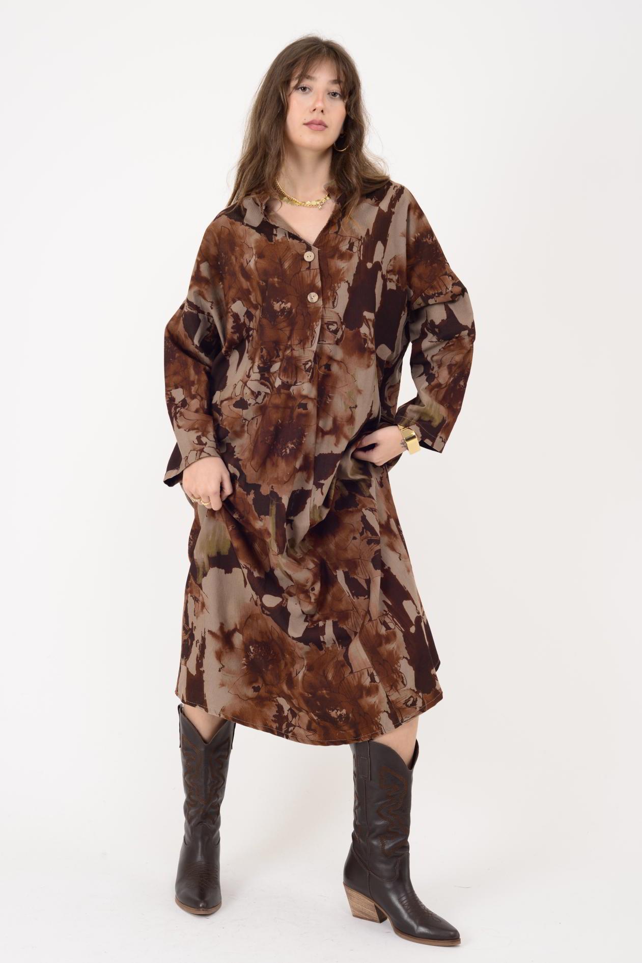 61051 LOVA BATİK ÇİÇEK DESENLİ FİTİLLİ KADİFE ELBİSE