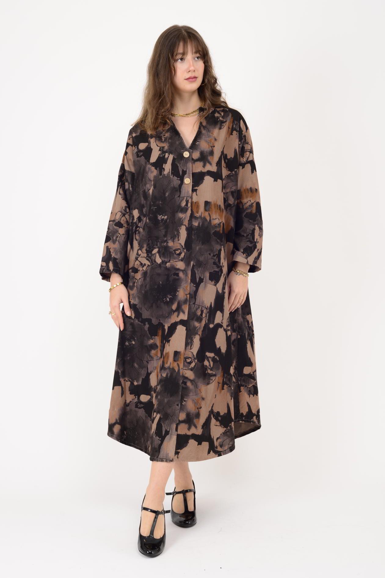 61051 LOVA BATİK ÇİÇEK DESENLİ FİTİLLİ KADİFE ELBİSE