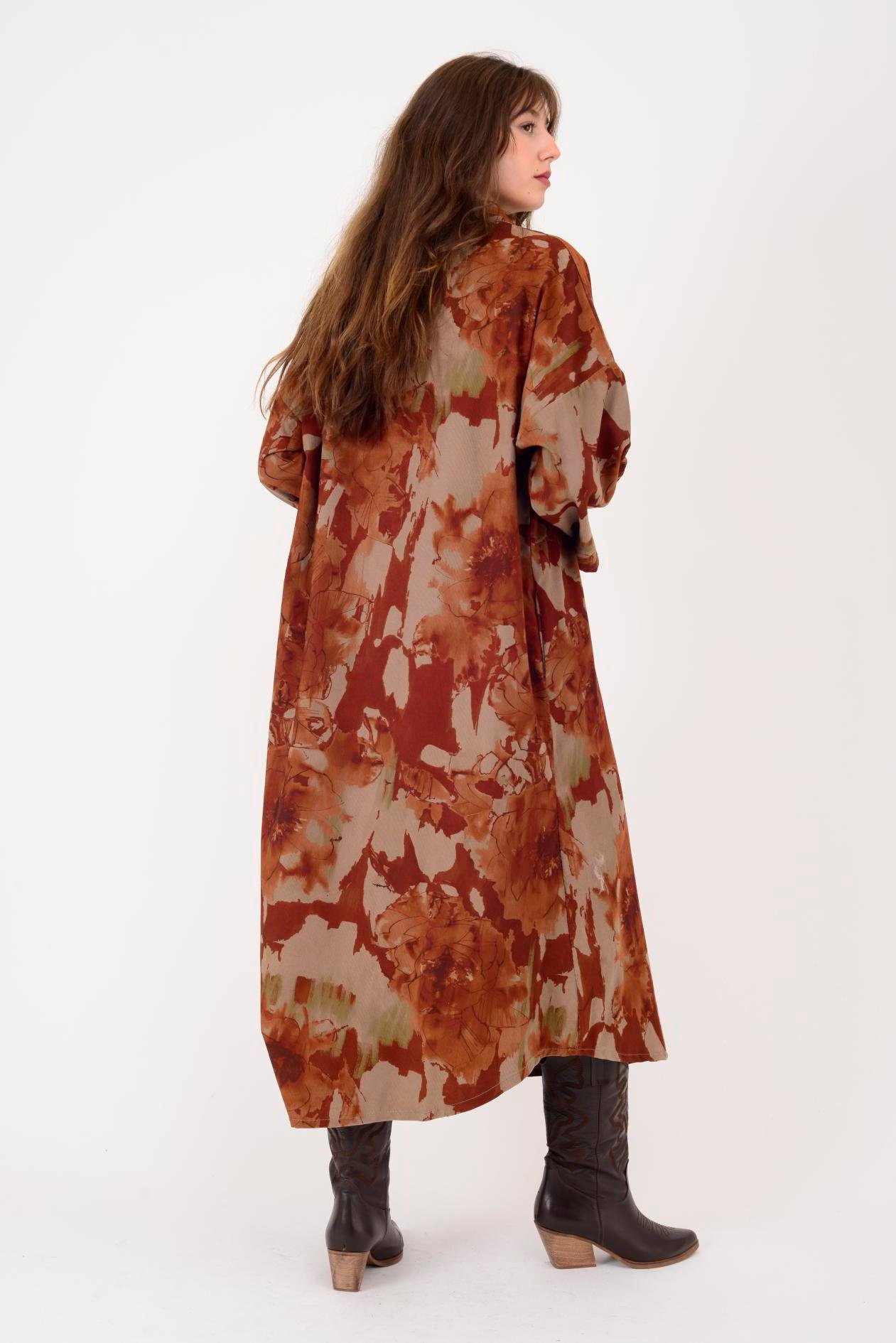 61051 LOVA BATİK ÇİÇEK DESENLİ FİTİLLİ KADİFE ELBİSE