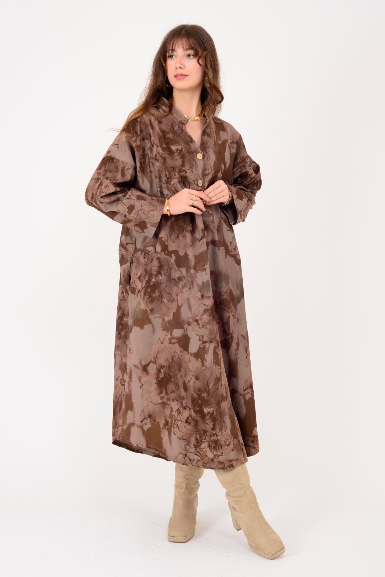 61051 LOVA BATİK ÇİÇEK DESENLİ FİTİLLİ KADİFE ELBİSE