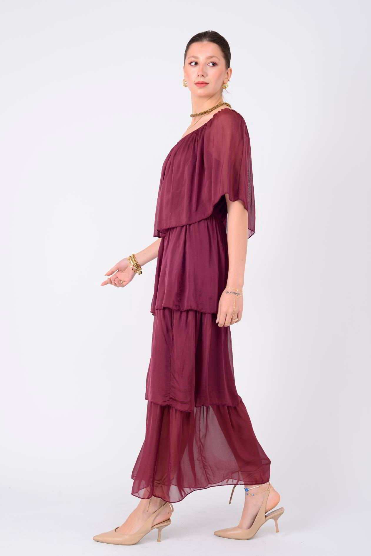 6109 MADONNA YAKA KAT KAT İPEK ELBİSE