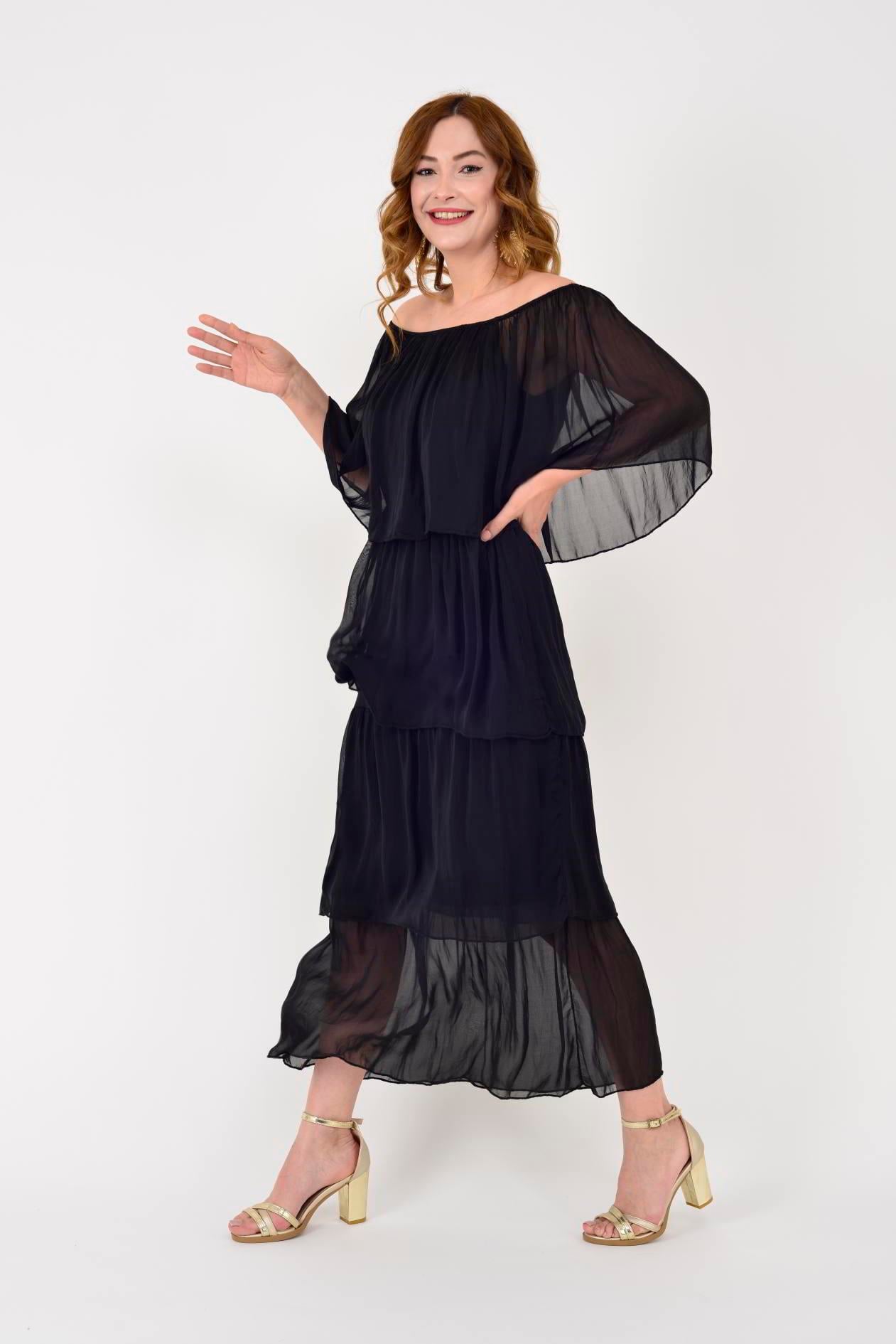 6109 MADONNA YAKA KAT KAT İPEK ELBİSE