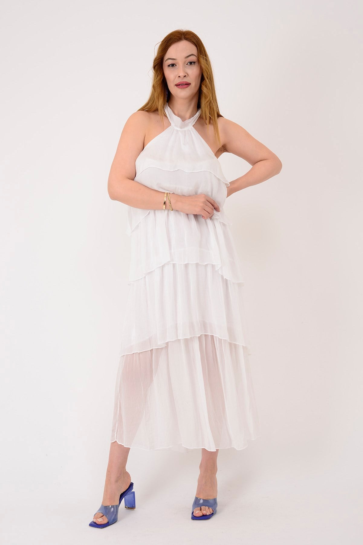 6153 PRATO OMUZDAN BAĞLAMALI KAT KAT İPEK ELBİSE