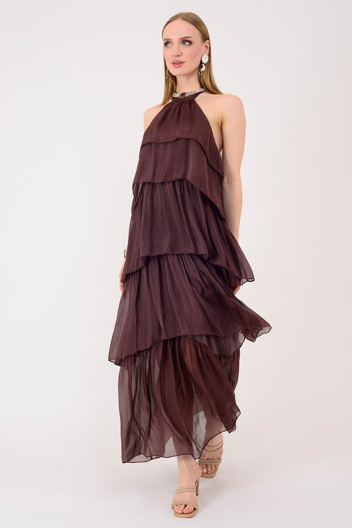 6153 PRATO OMUZDAN BAĞLAMALI KAT KAT İPEK ELBİSE