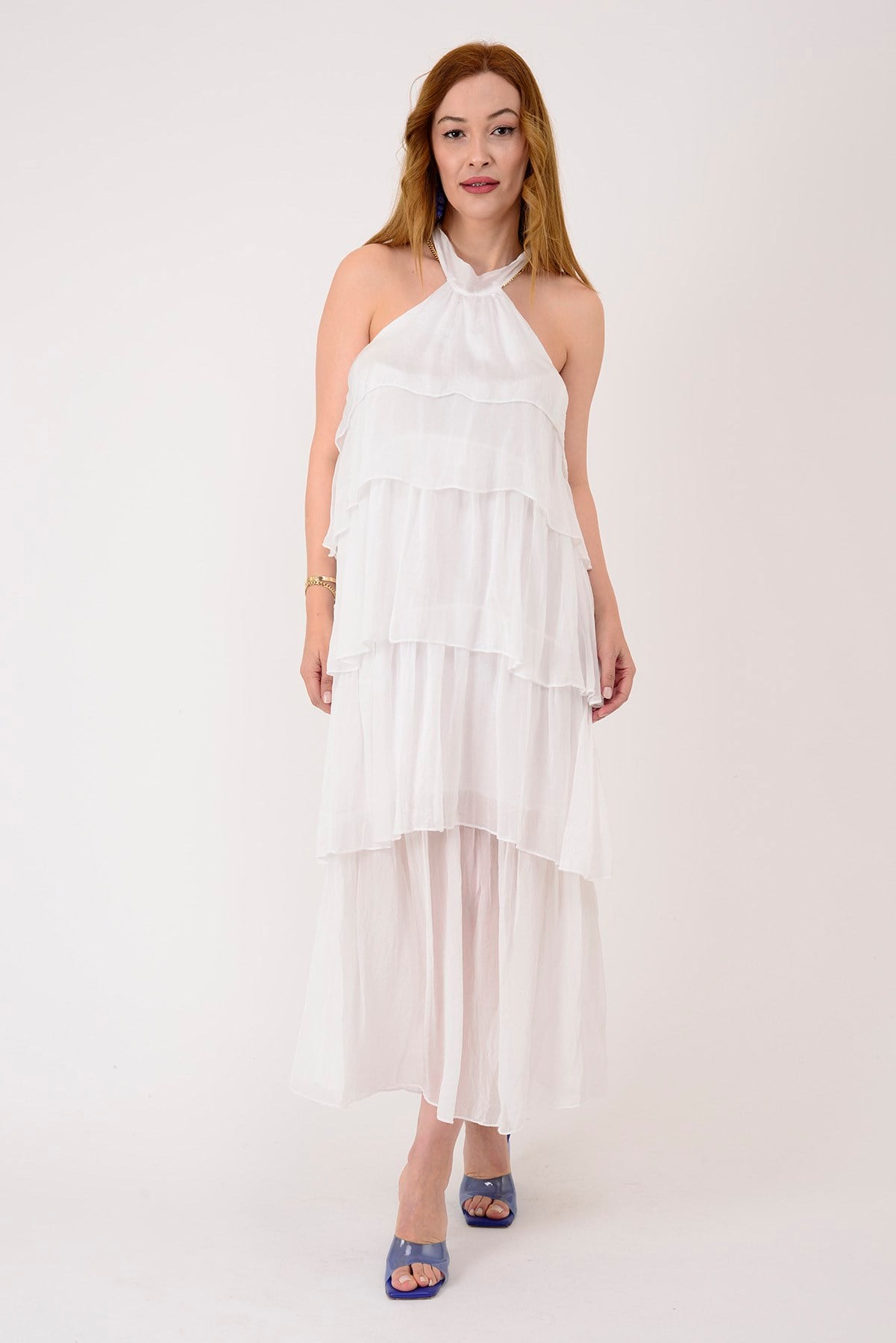 6153 PRATO OMUZDAN BAĞLAMALI KAT KAT İPEK ELBİSE