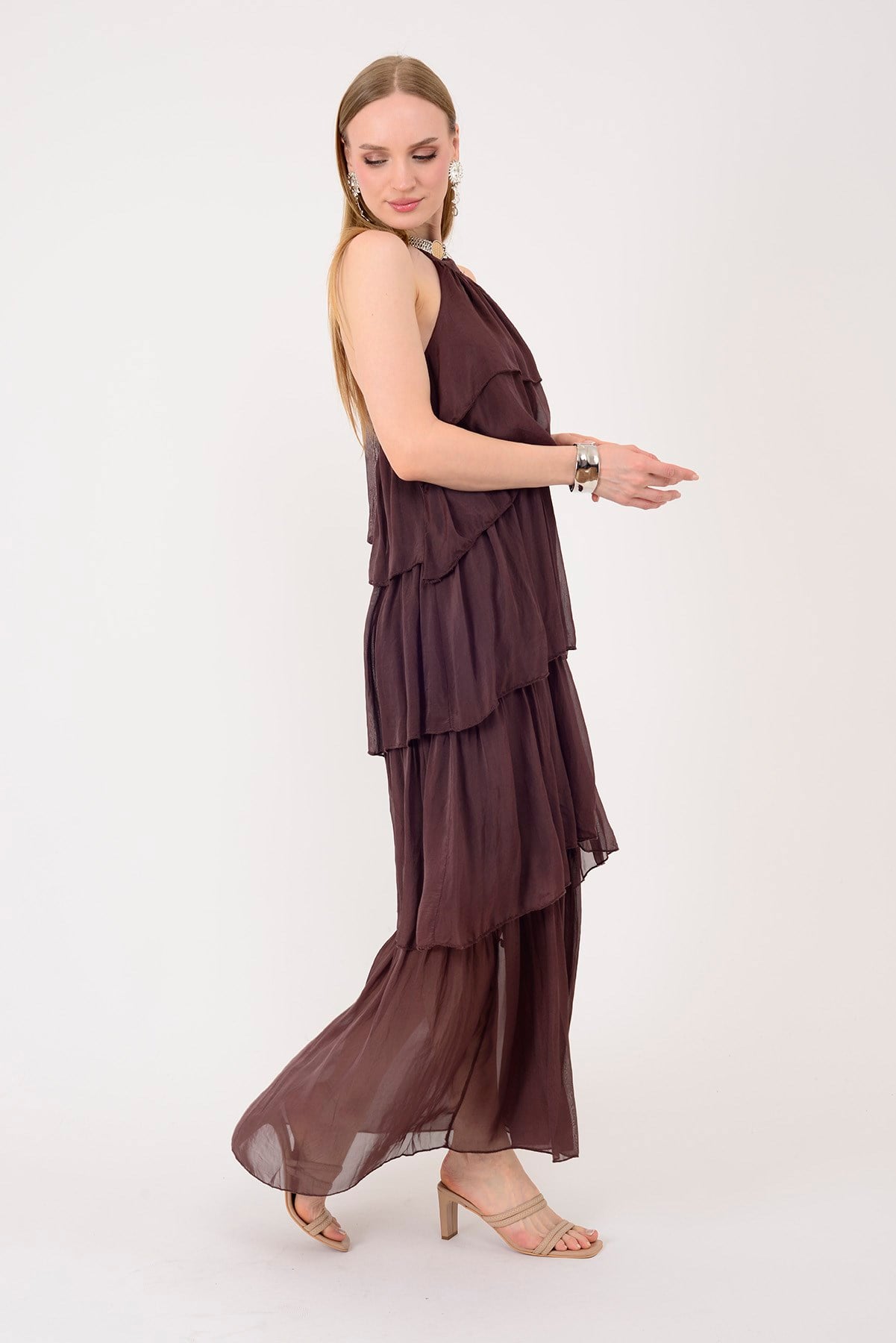 6153 PRATO OMUZDAN BAĞLAMALI KAT KAT İPEK ELBİSE