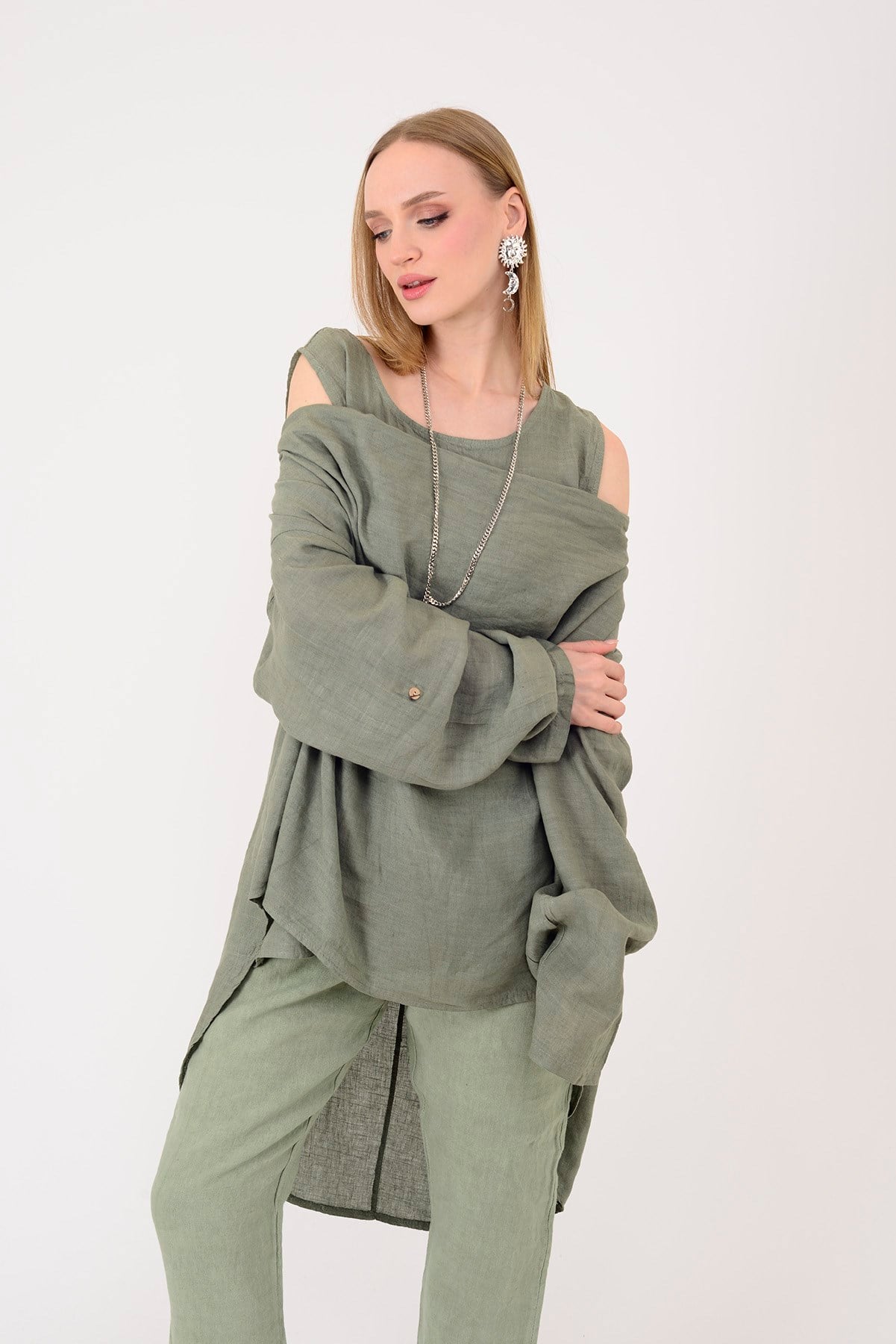 61863 DEGAJE YAKA 2Lİ KETEN BLUZ