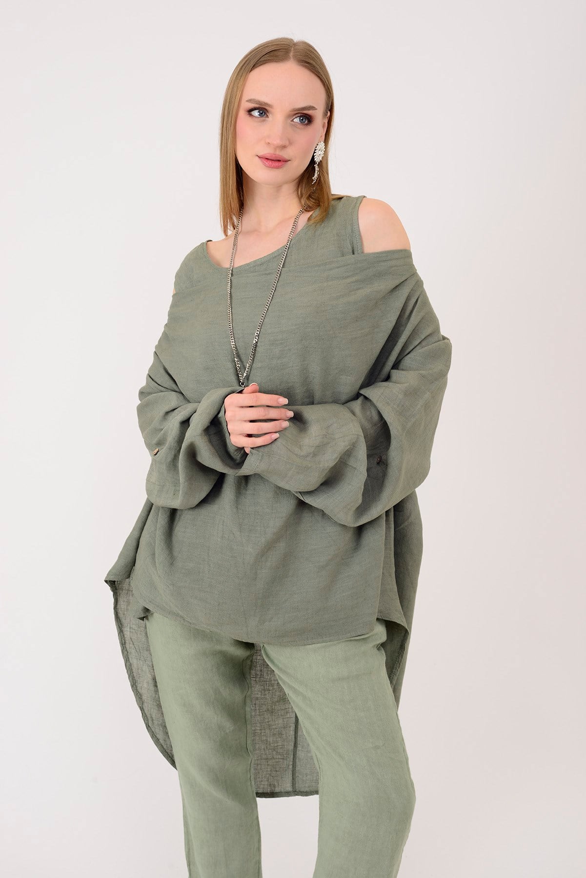 61863 DEGAJE YAKA 2Lİ KETEN BLUZ