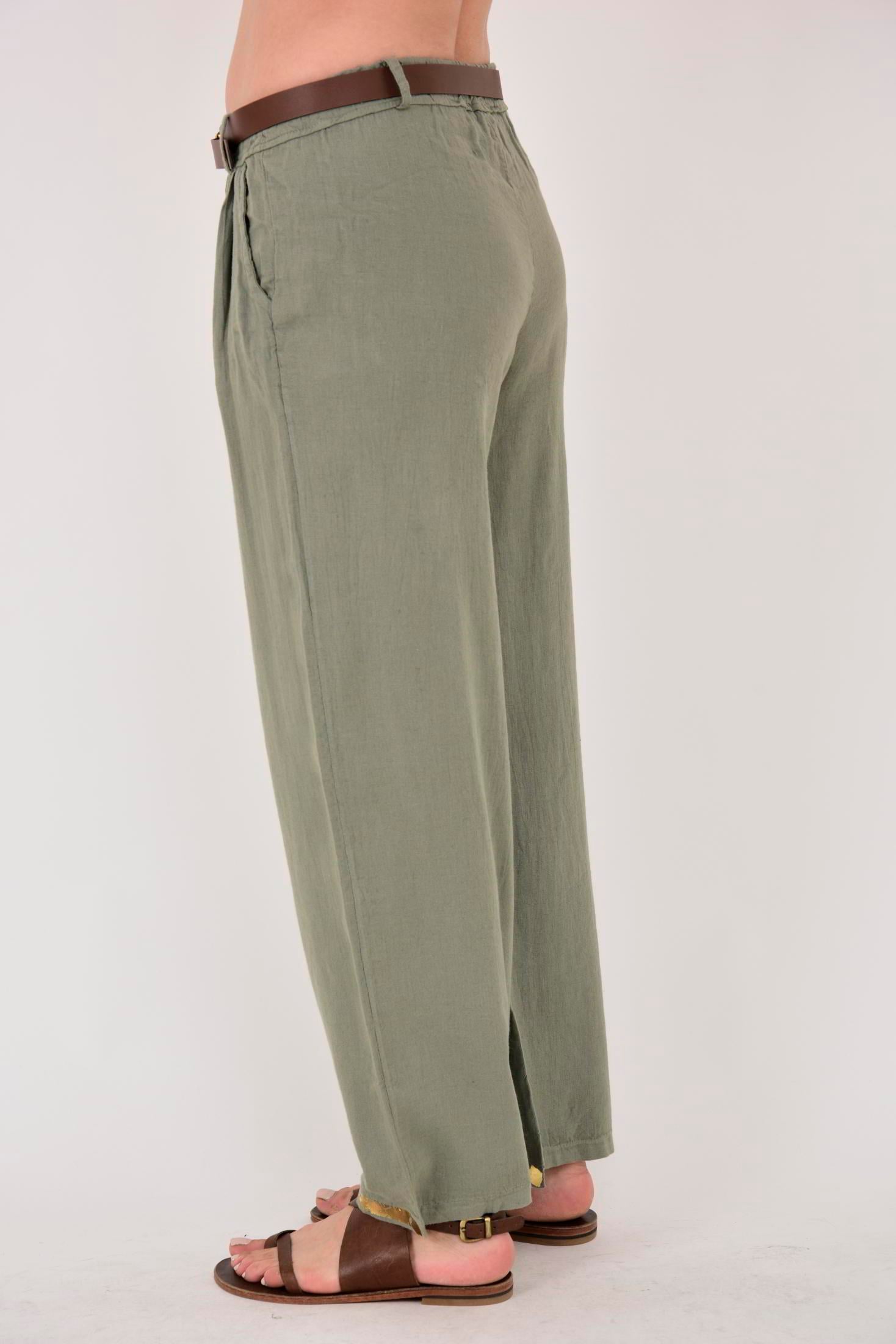 636 GOLD DETAYLI KEMERLİ KETEN PANTOLON