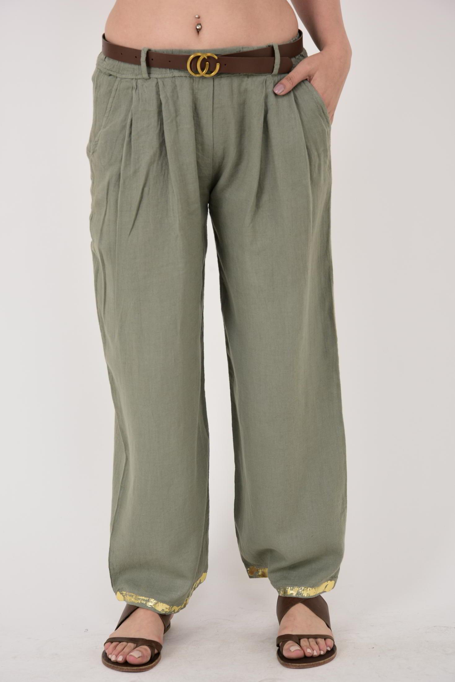 636 GOLD DETAYLI KEMERLİ KETEN PANTOLON