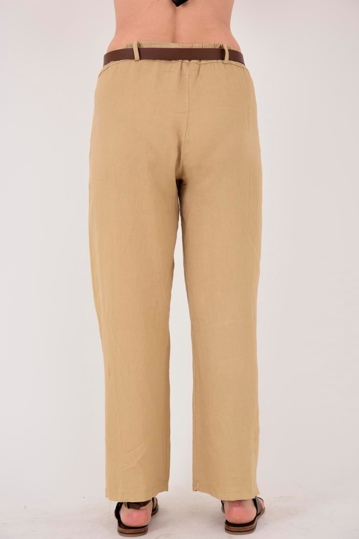 636 GOLD DETAYLI KEMERLİ KETEN PANTOLON