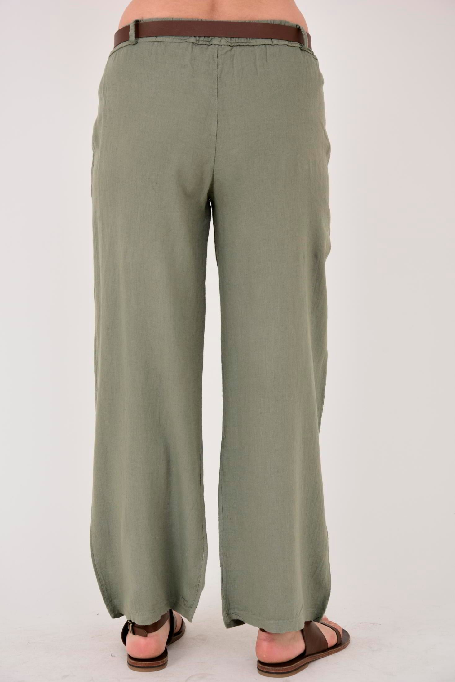 636 GOLD DETAYLI KEMERLİ KETEN PANTOLON