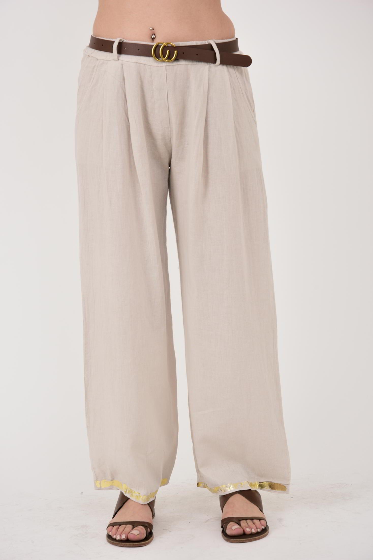 636 GOLD DETAYLI KEMERLİ KETEN PANTOLON