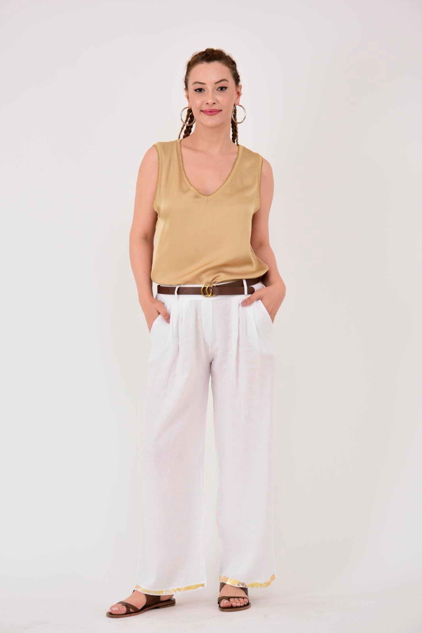 636 GOLD DETAYLI KEMERLİ KETEN PANTOLON