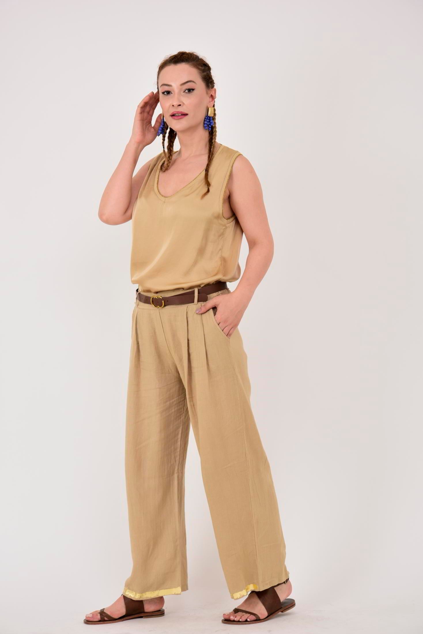 636 GOLD DETAYLI KEMERLİ KETEN PANTOLON
