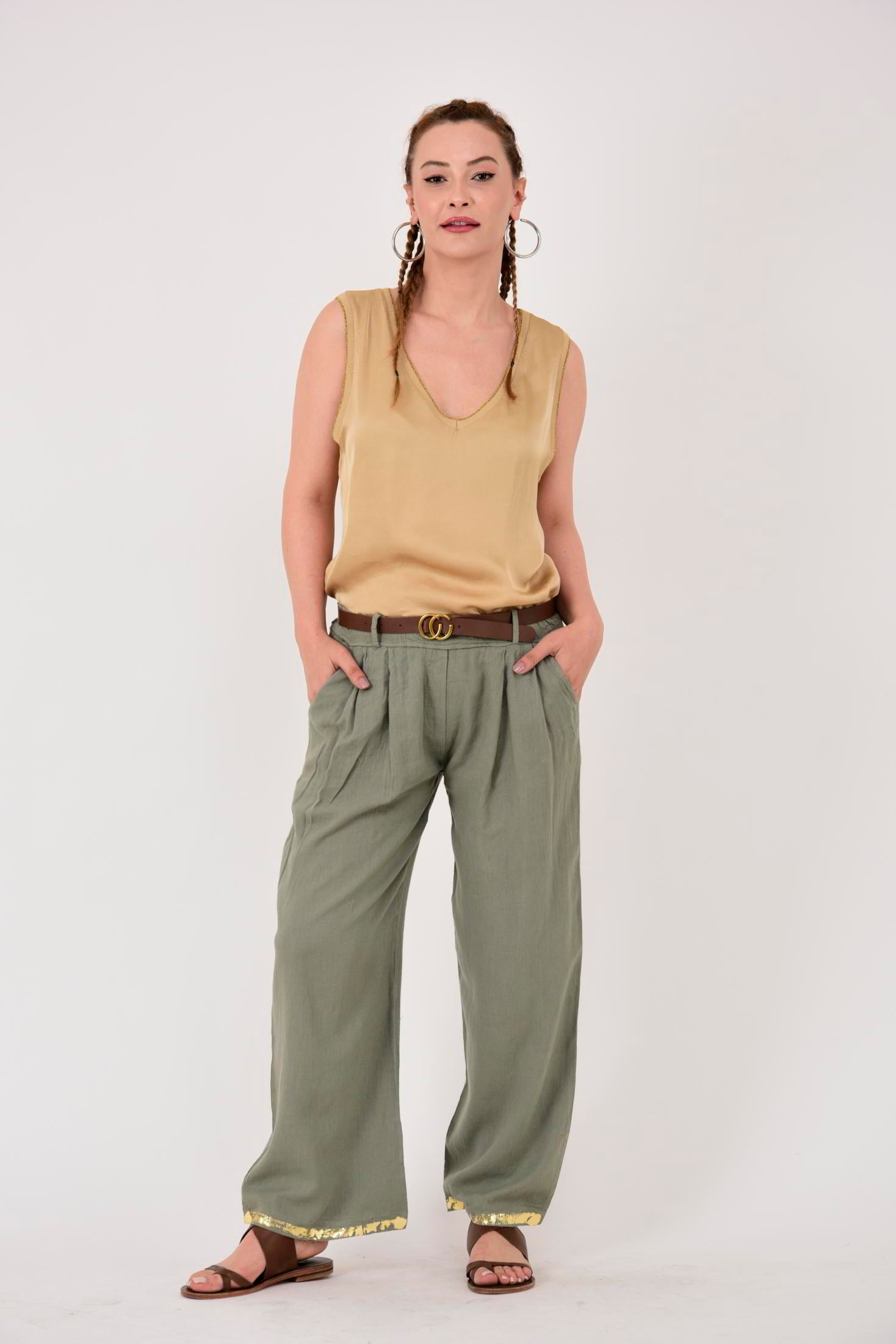 636 GOLD DETAYLI KEMERLİ KETEN PANTOLON