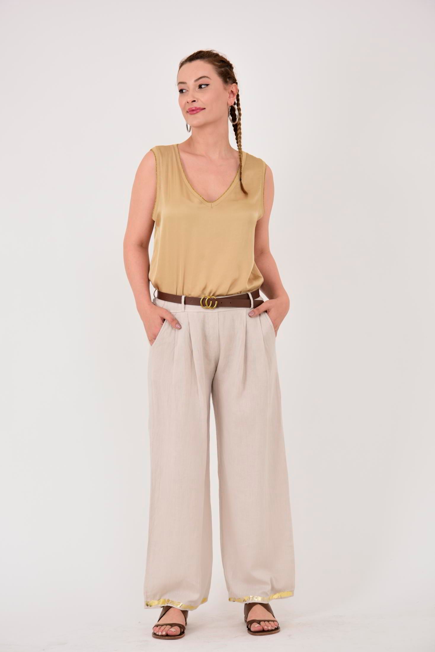 636 GOLD DETAYLI KEMERLİ KETEN PANTOLON