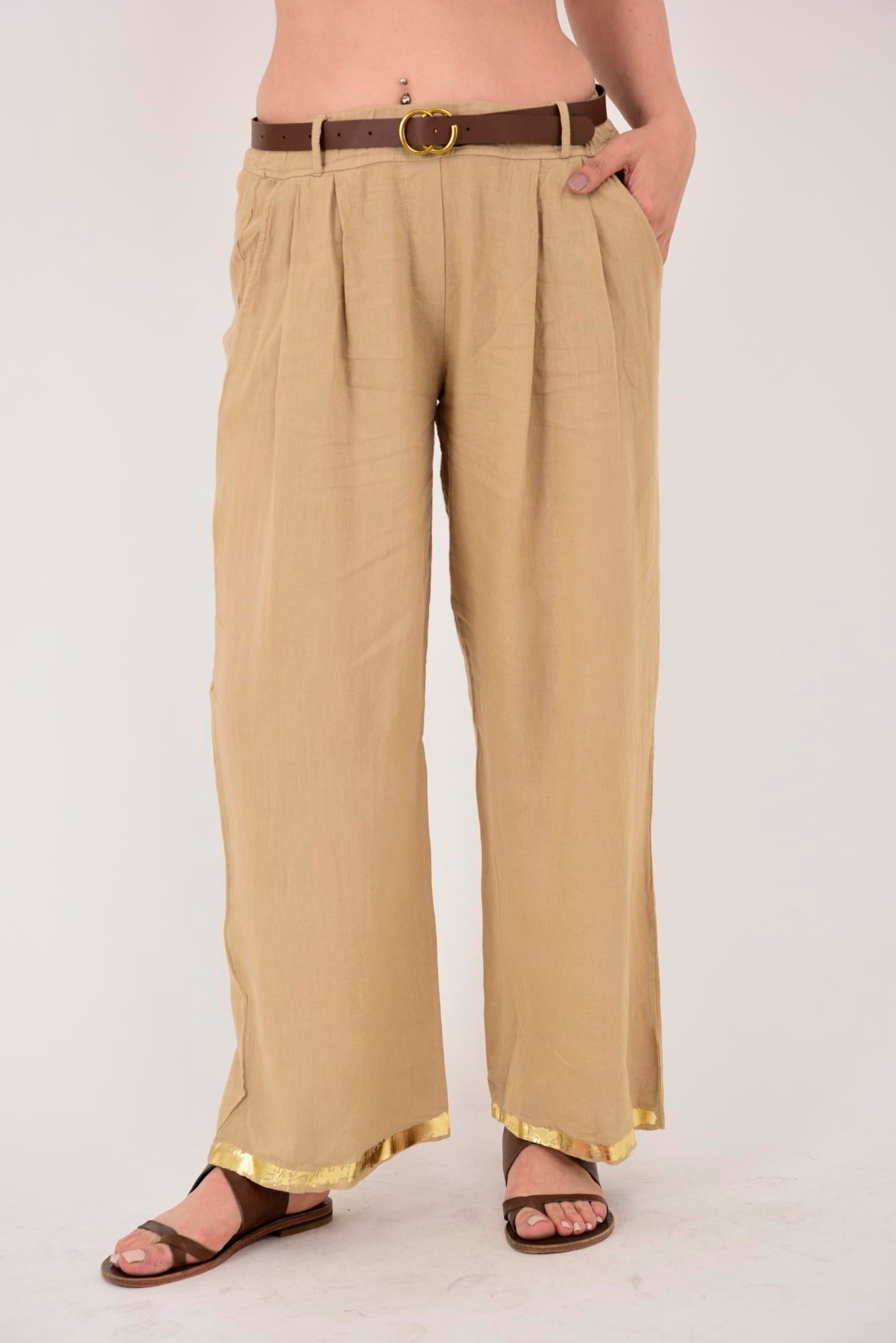 636 GOLD DETAYLI KEMERLİ KETEN PANTOLON
