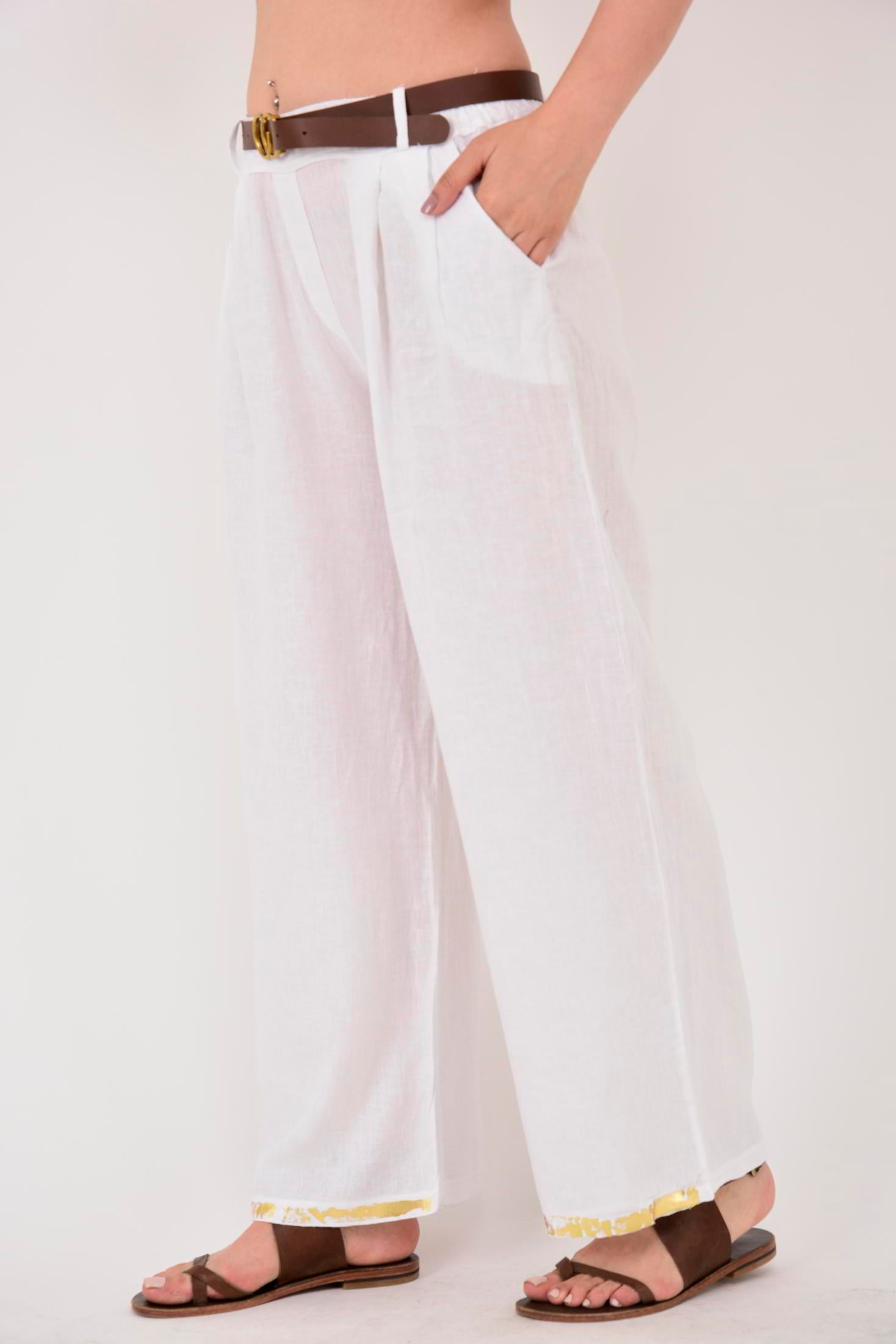 636 GOLD DETAYLI KEMERLİ KETEN PANTOLON