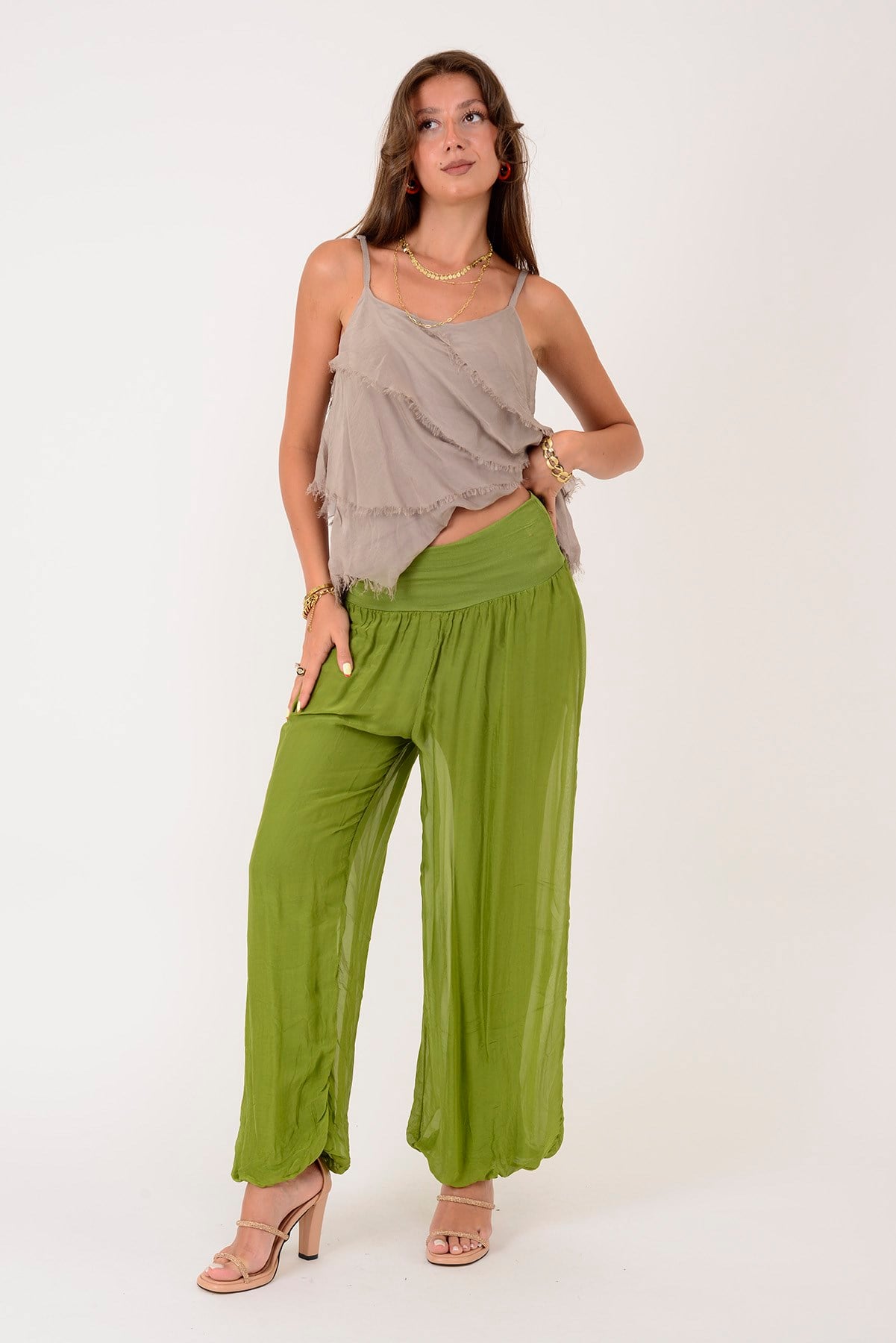 64952 BELİ KALIN LASTİKLİ İPEK PANTOLON