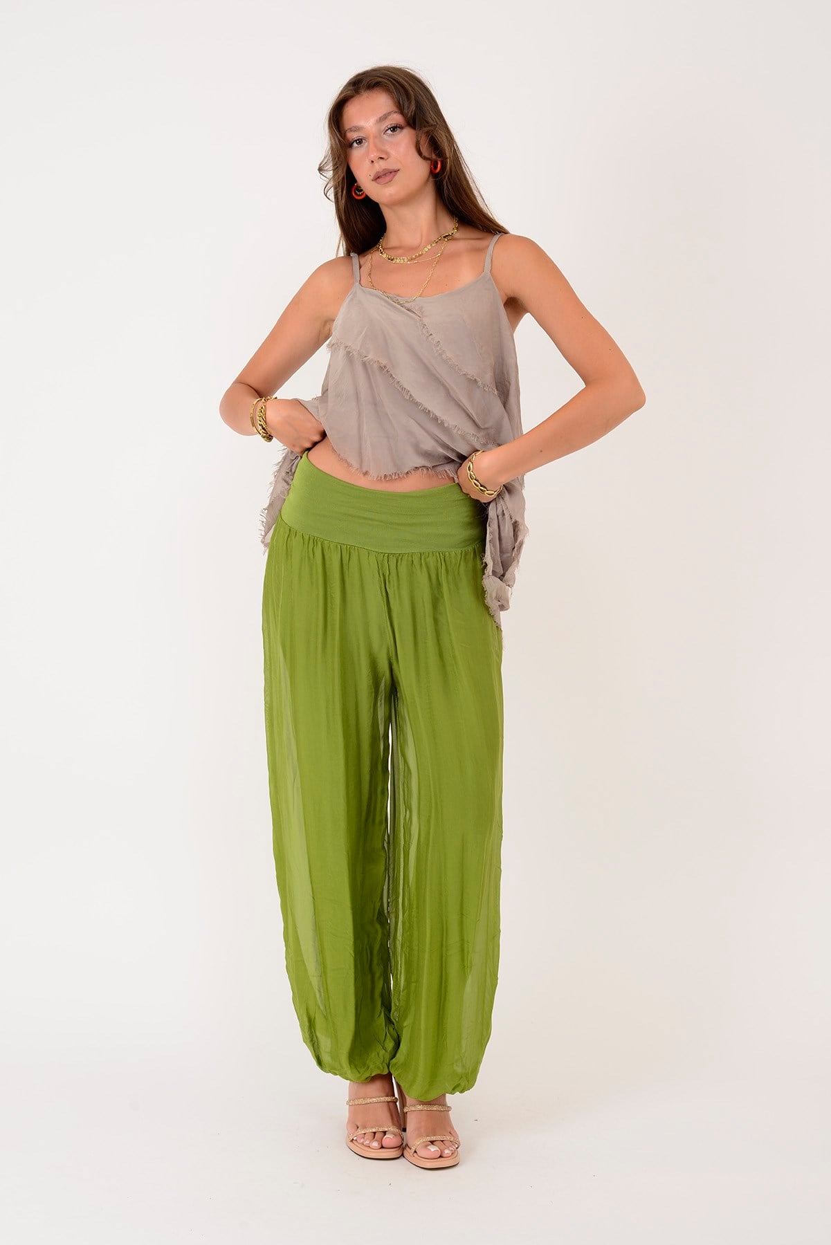 64952 BELİ KALIN LASTİKLİ İPEK PANTOLON
