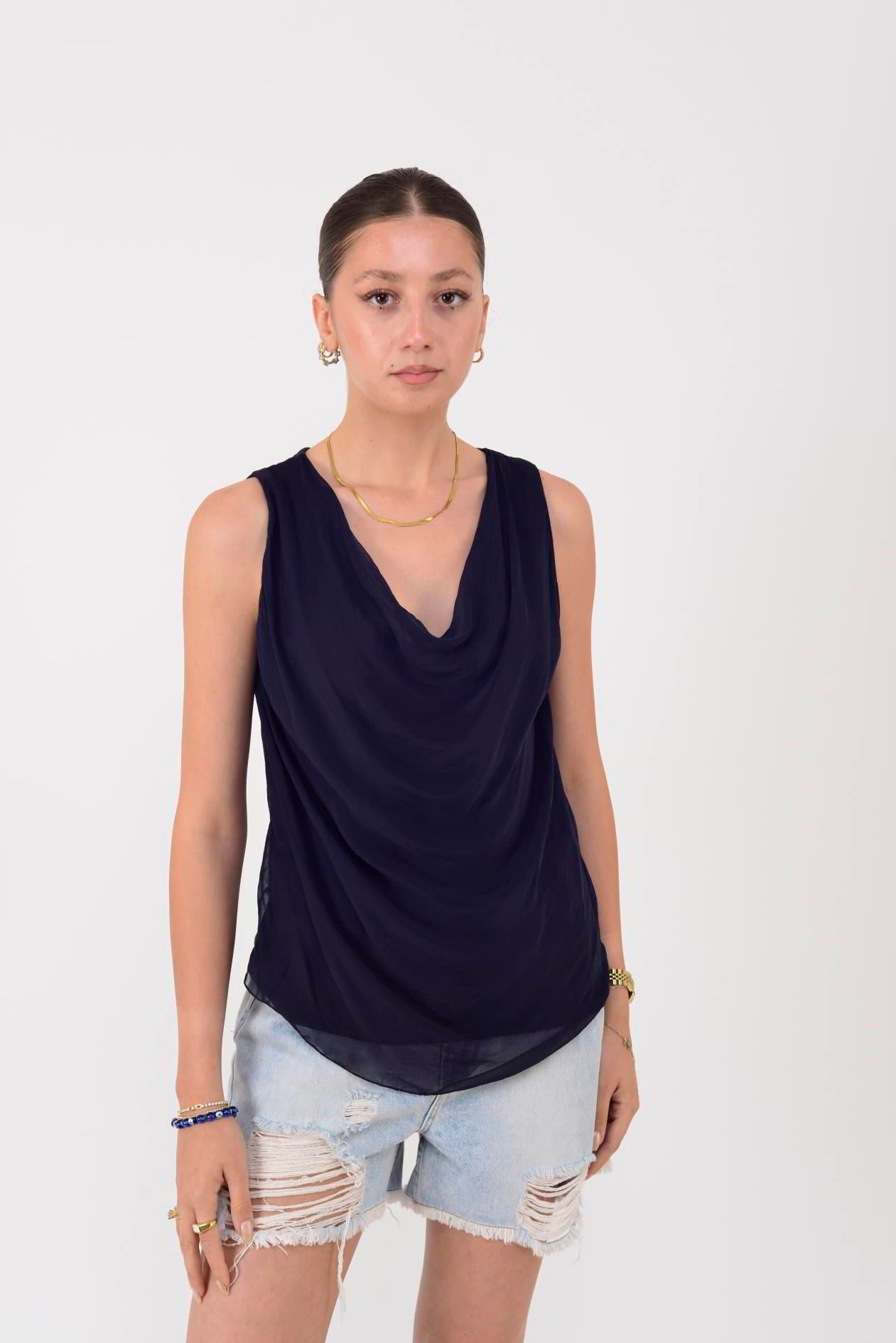 64967 DEGAJE YAKA KOLSUZ İPEK BLUZ