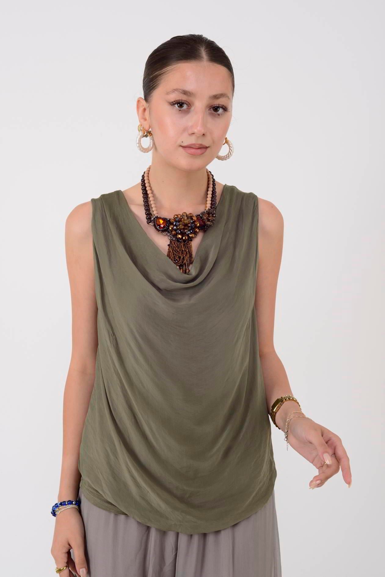64967 DEGAJE YAKA KOLSUZ İPEK BLUZ