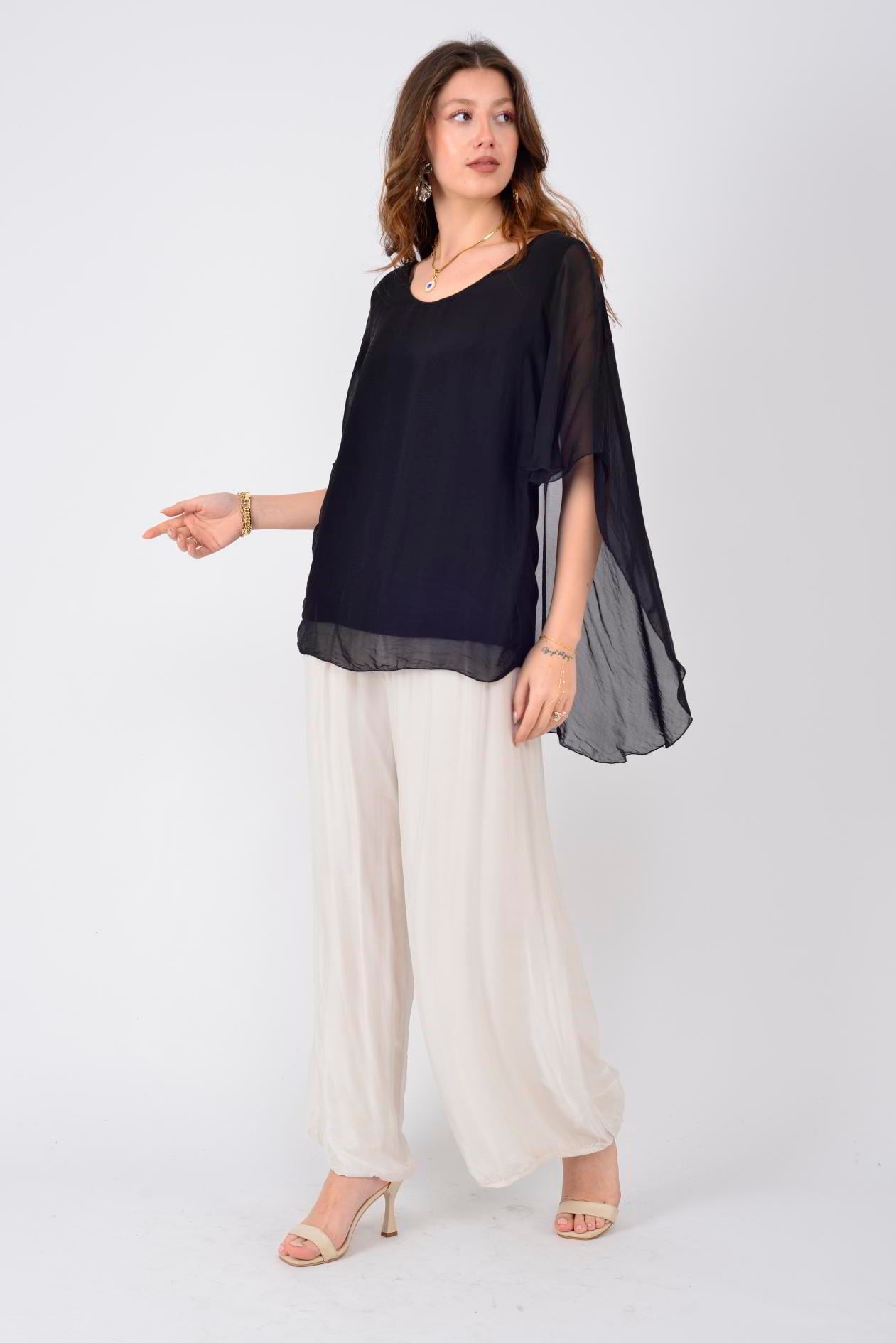 66014 ARKASI DANTEL DETAYLI İPEK BLUZ