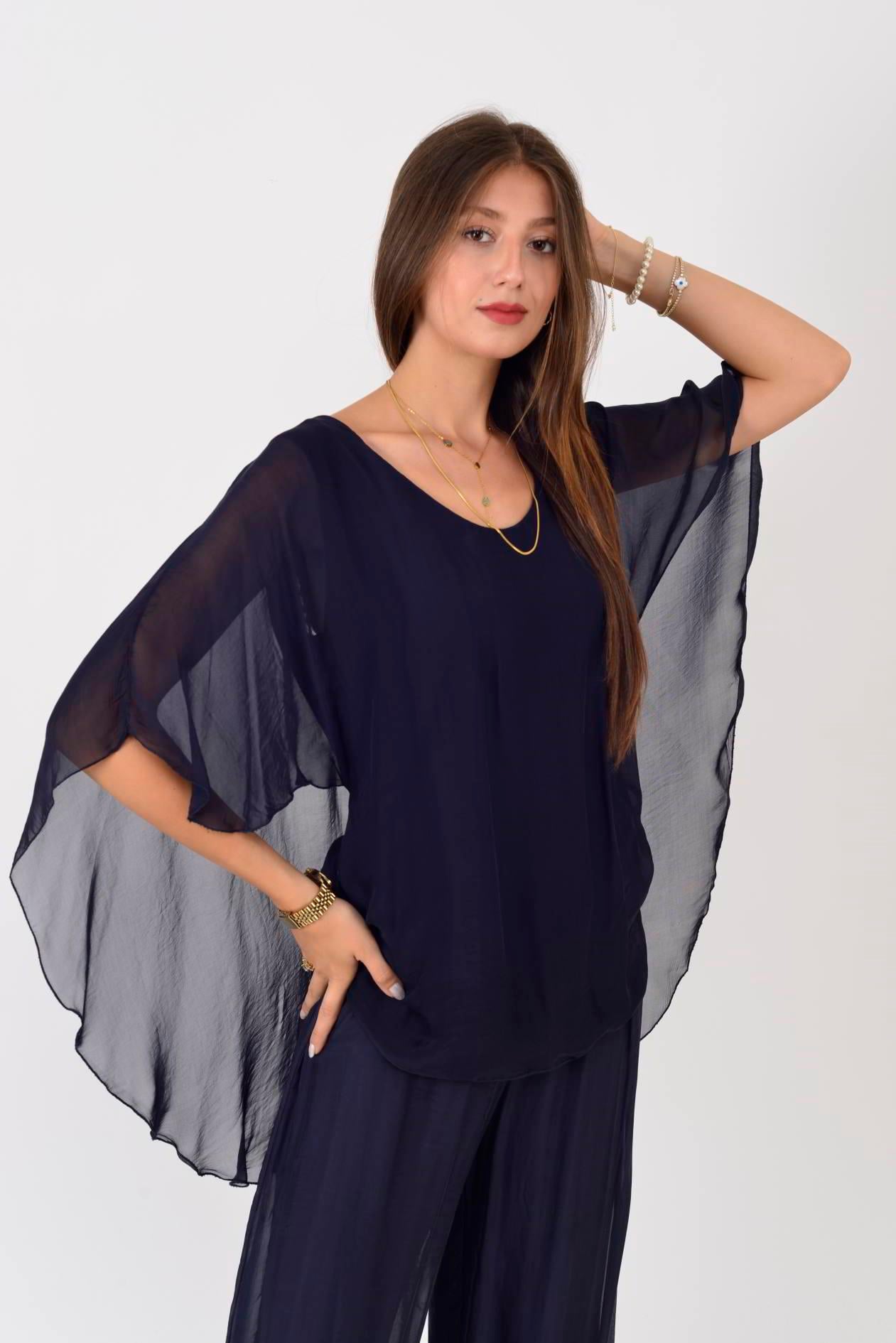 66014 ARKASI DANTEL DETAYLI İPEK BLUZ