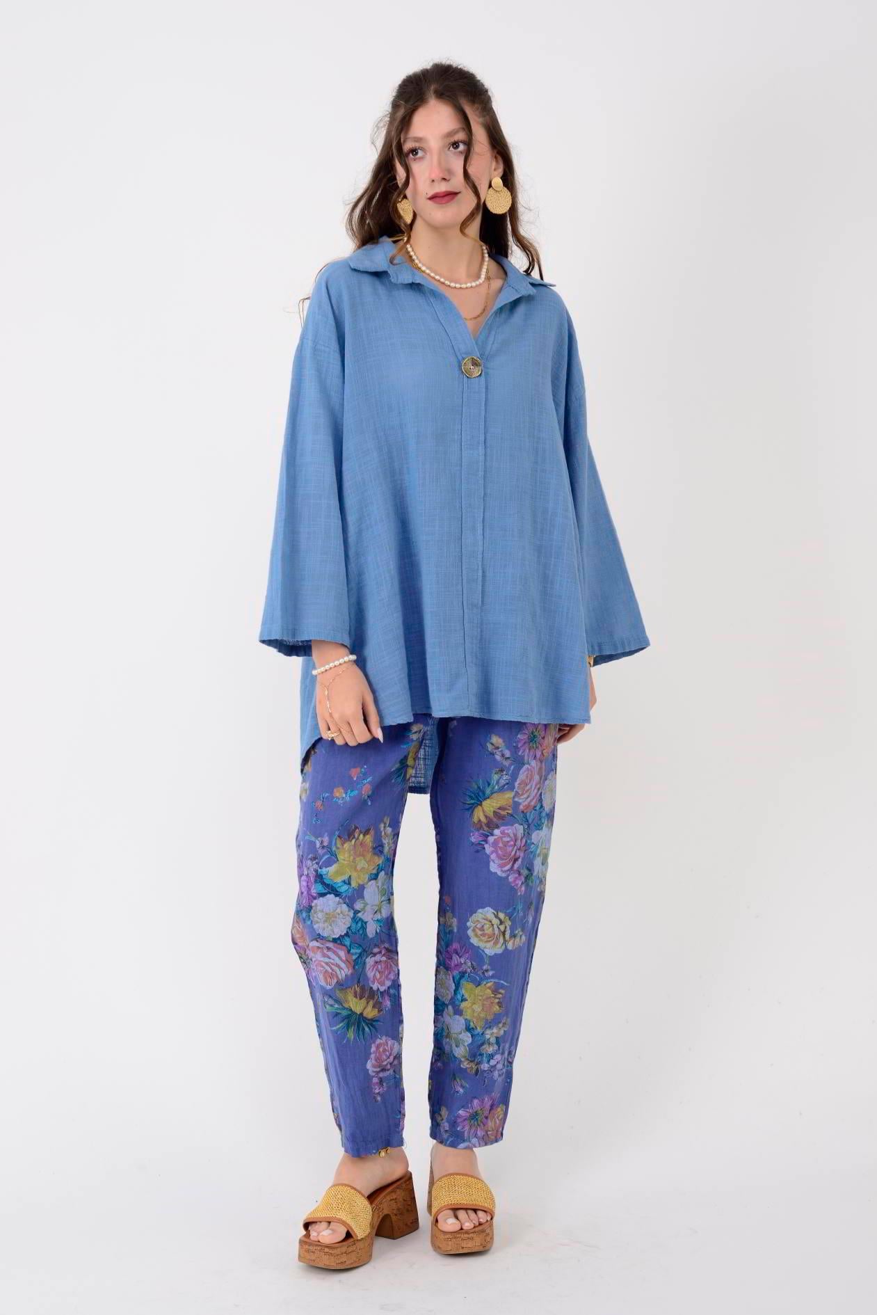 6816 SPRING ÇİÇEK DESEN HAVUÇ KETEN PANTOLON