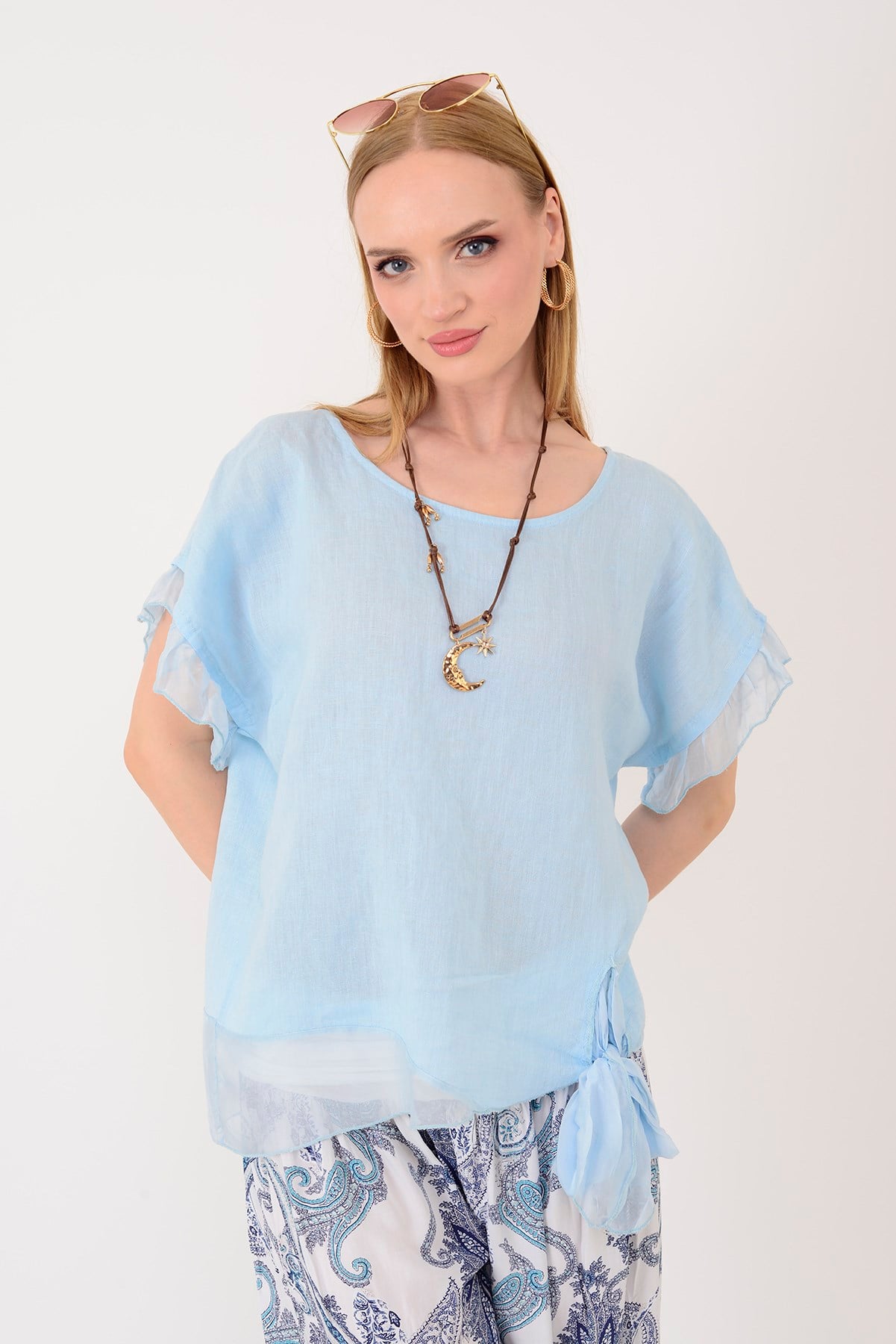 7133 SIRT DEKOLTELİ KETEN BLUZ