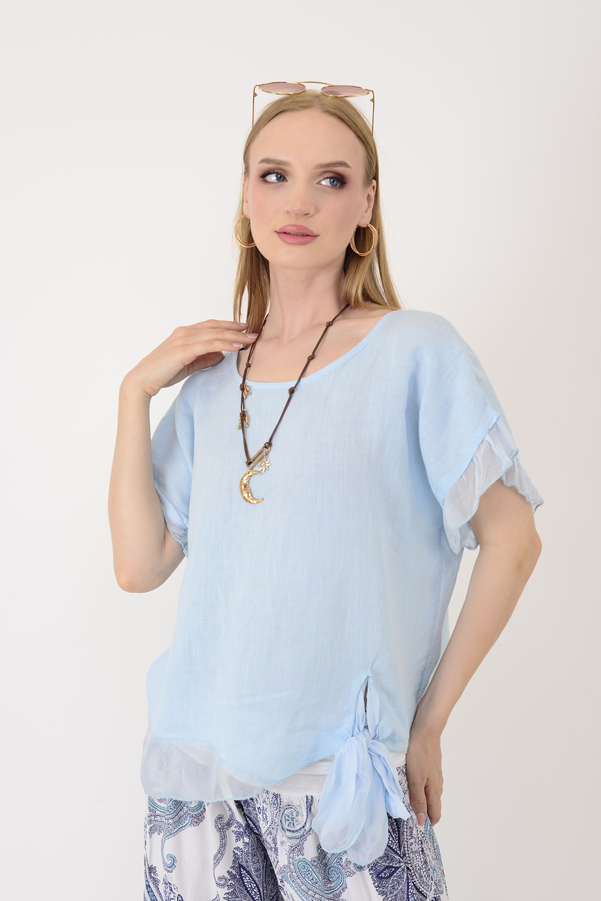 7133 SIRT DEKOLTELİ KETEN BLUZ
